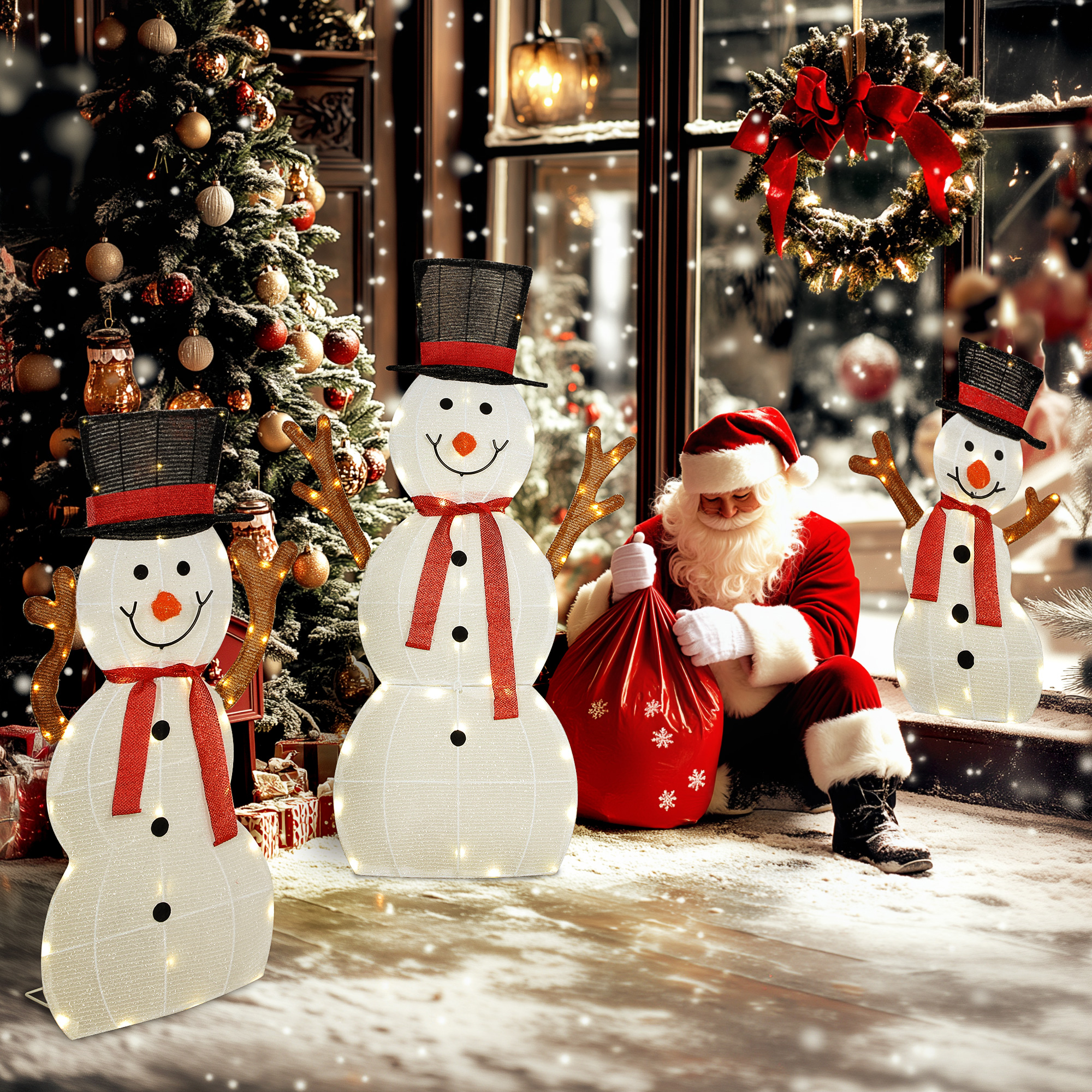 3-teilige weihnachtliche Schneemann-Familie, Außendekoration, LED-Lichter, Bodenpfähle, wasserfest, Stahl, Polyester, Weiß