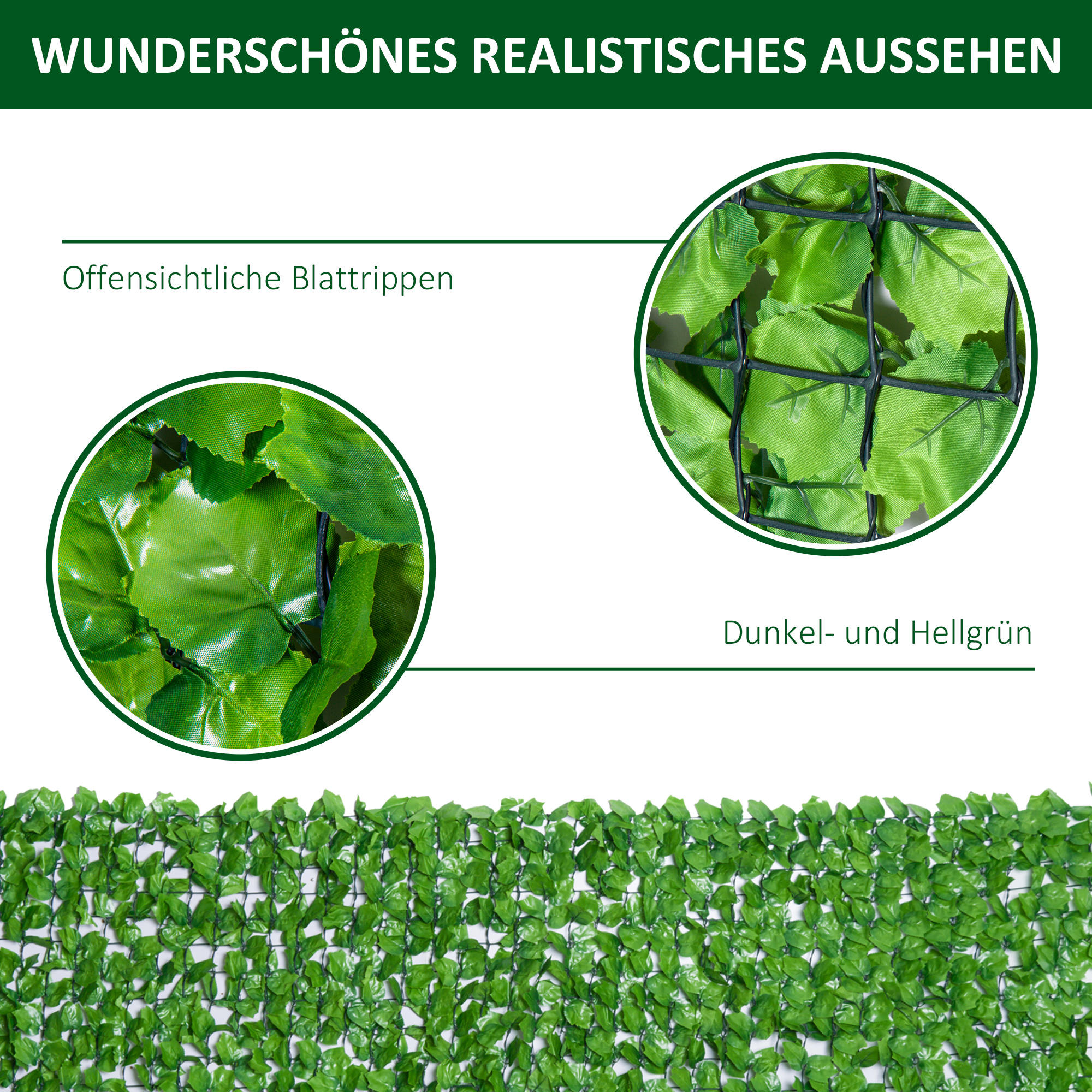 künstlicher Hecken-Sichtschutz, UV-geschützt, Sichtschutzgitter mit Blättern, Hecken-Zaun, 300 x 100 cm, Grün