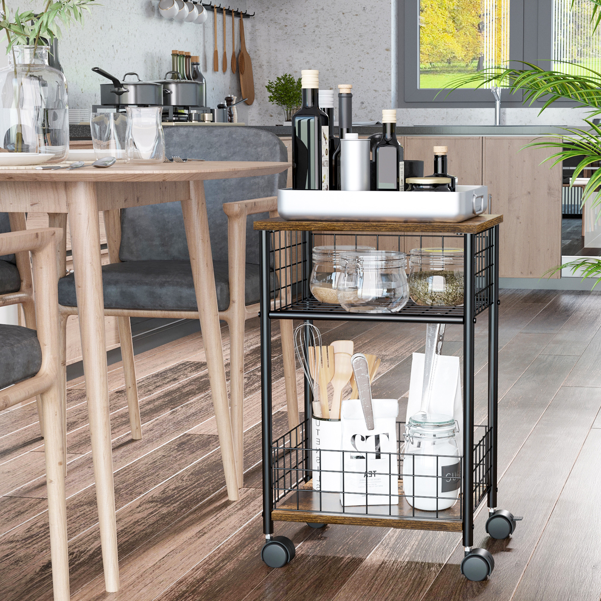 Küchenwagen im Industriedesign 1 Regal 1 Aufbewahrungskorb 4 Räder 40 cm x 30 cm x 62 cm Stahl Schwarz + Braun