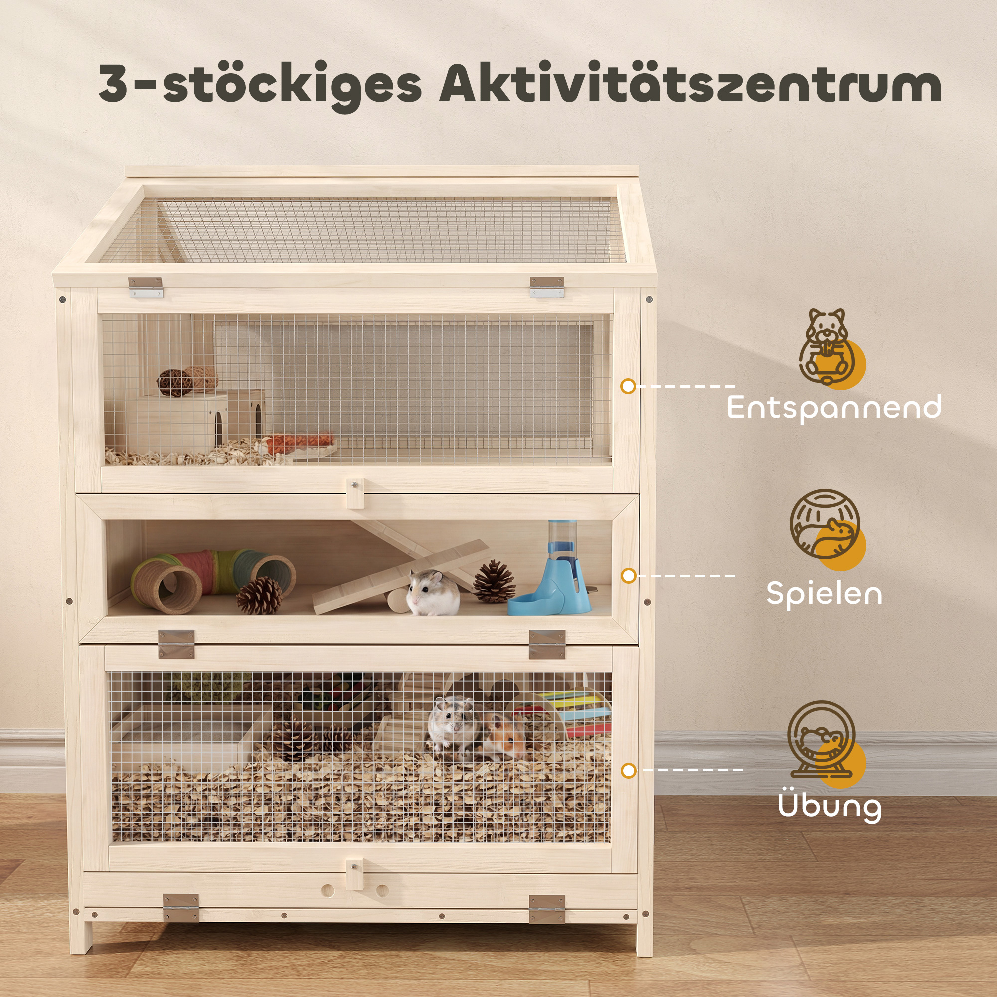Hamsterkäfig aus Holz 3 Etagen Nagerkäfig Kleintierkäfig mit Hütten Wippen Rampen Wasserschalen 68x61,5x90 cm Naturholz