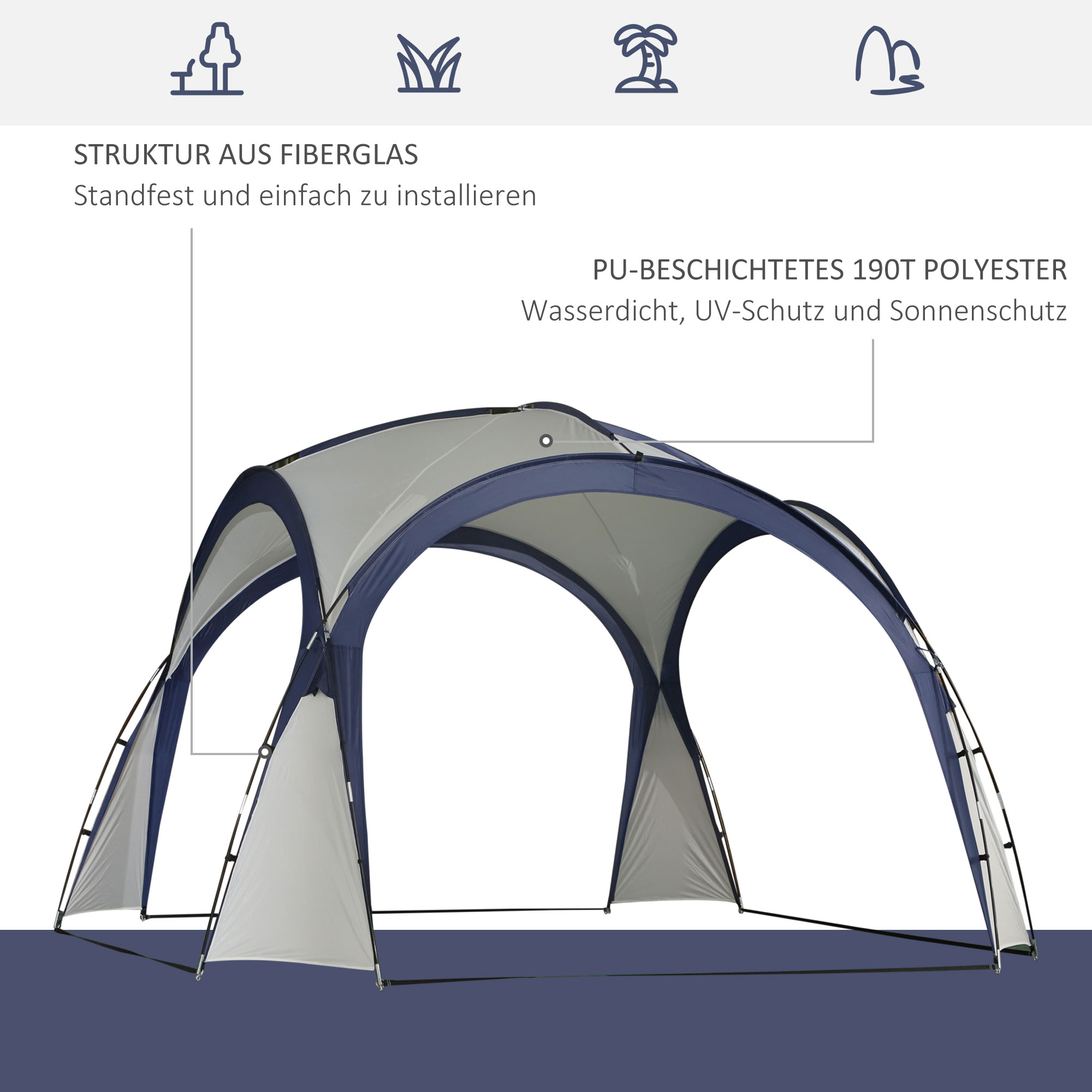 Kuppelzelt für 6-8 Personen, Pavillon, Schutz vor Sonne und Nieselregen, 3,5 x 3,5 x 2,22 m, Cremeweiß