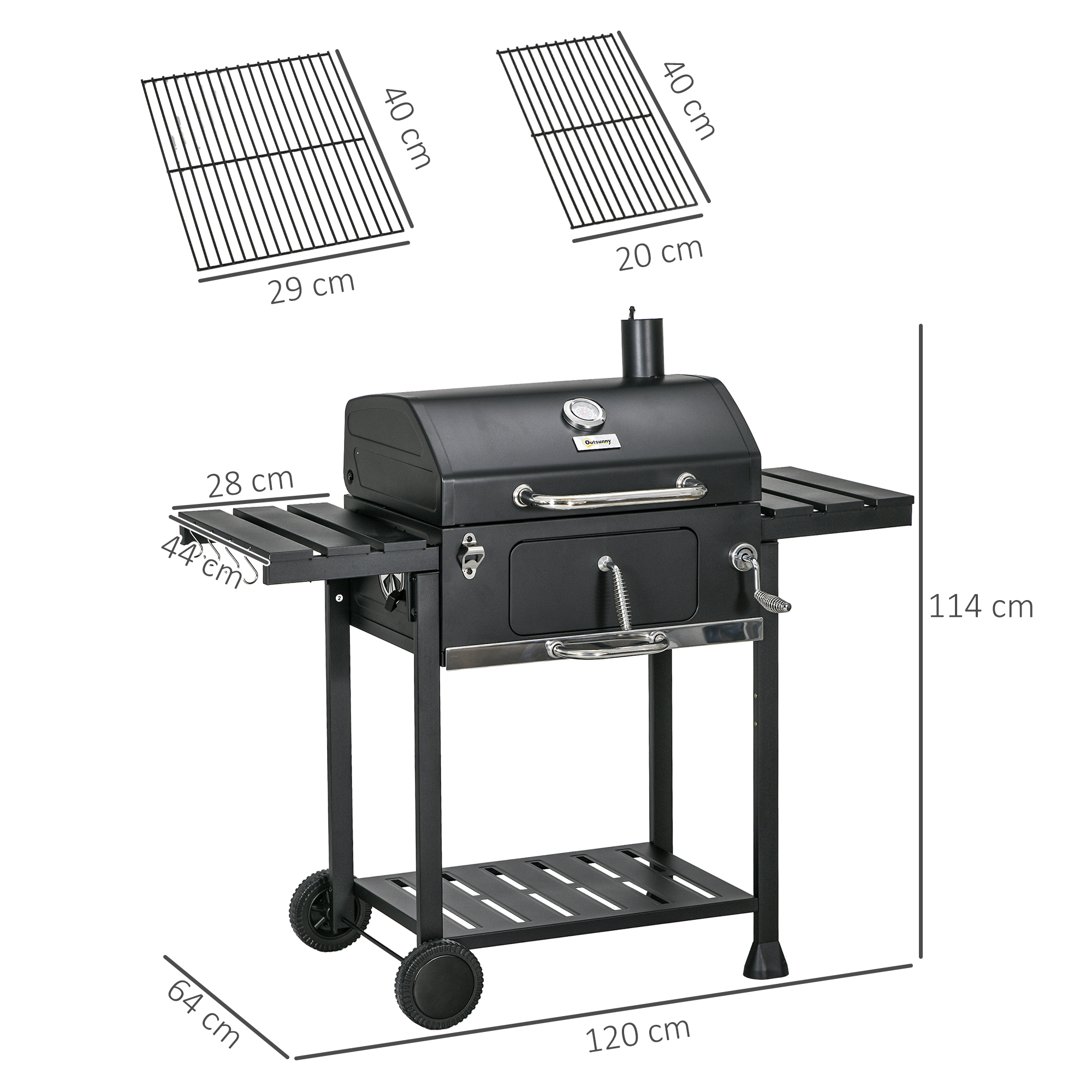 Kohlegrill BBQ-Grill Smoker, inkl. Thermometer, Flaschenöffner, 120 x 64 x 114 cm, Schwarz