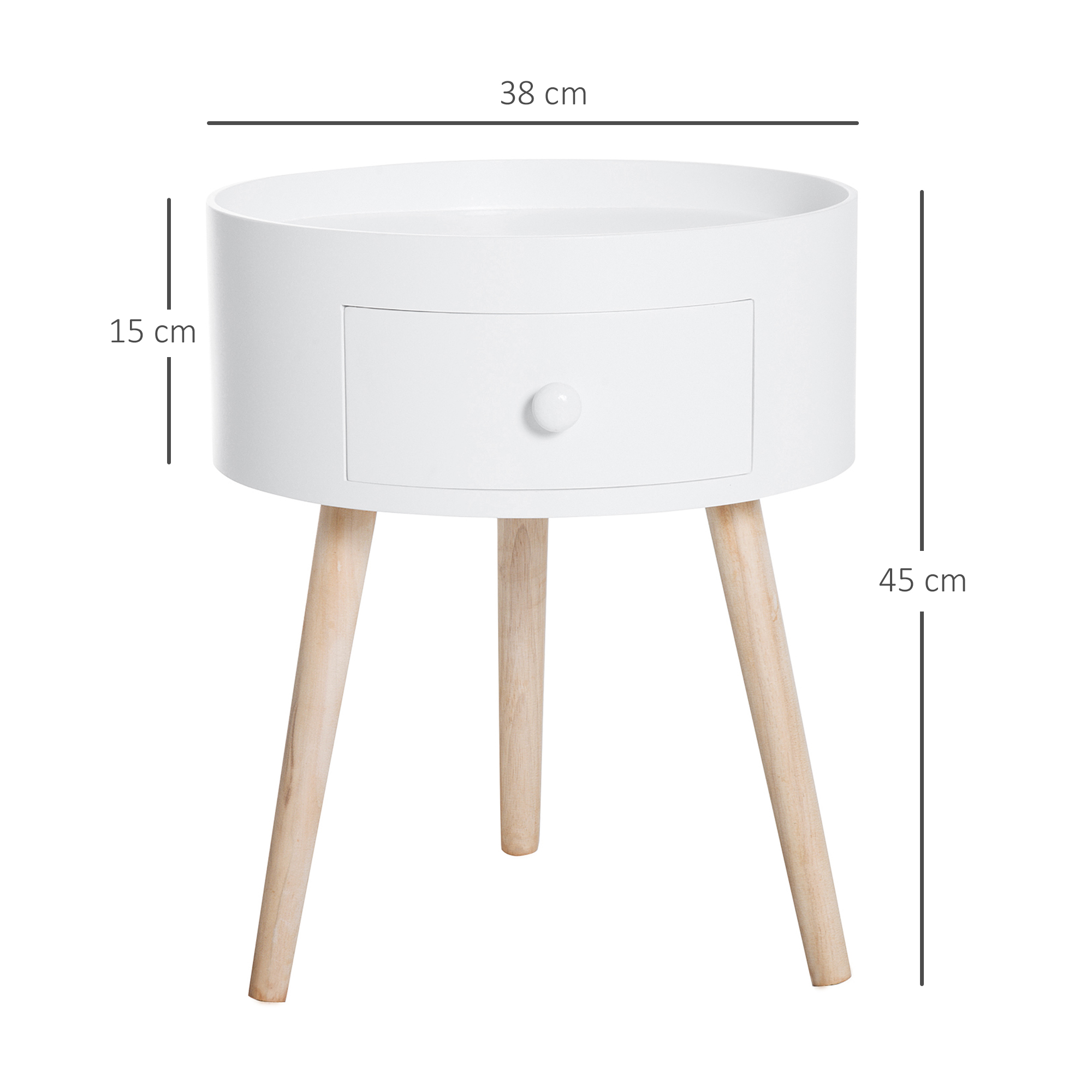 Couchtisch mit Schublade, rund, Skandi-Design, Schutzrand, Holz, Ø38 x H45 cm, Weiß