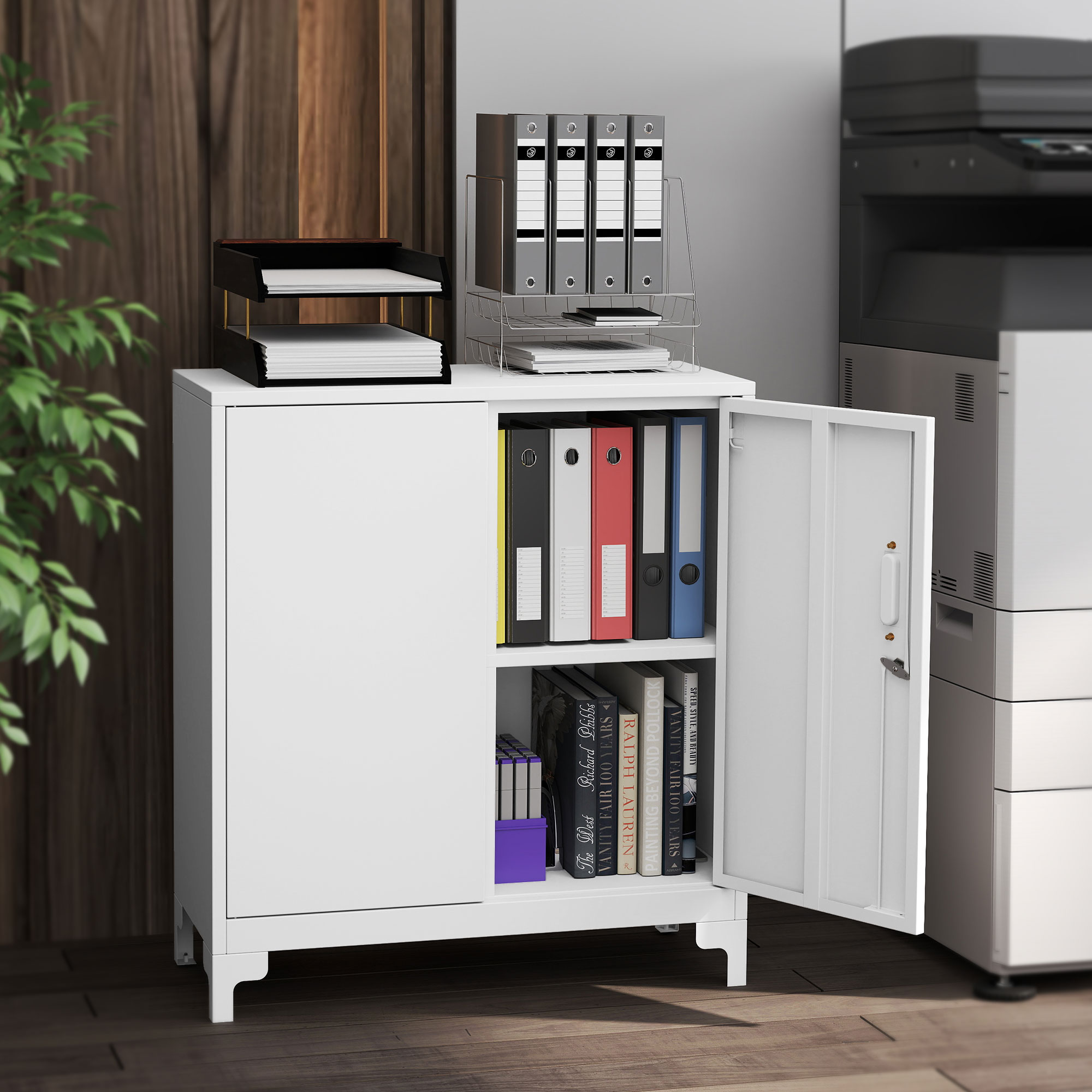 Büroschrank aus Metall, verschließbare Türen, Bürokommode, 2-stufiges Design, Weiß