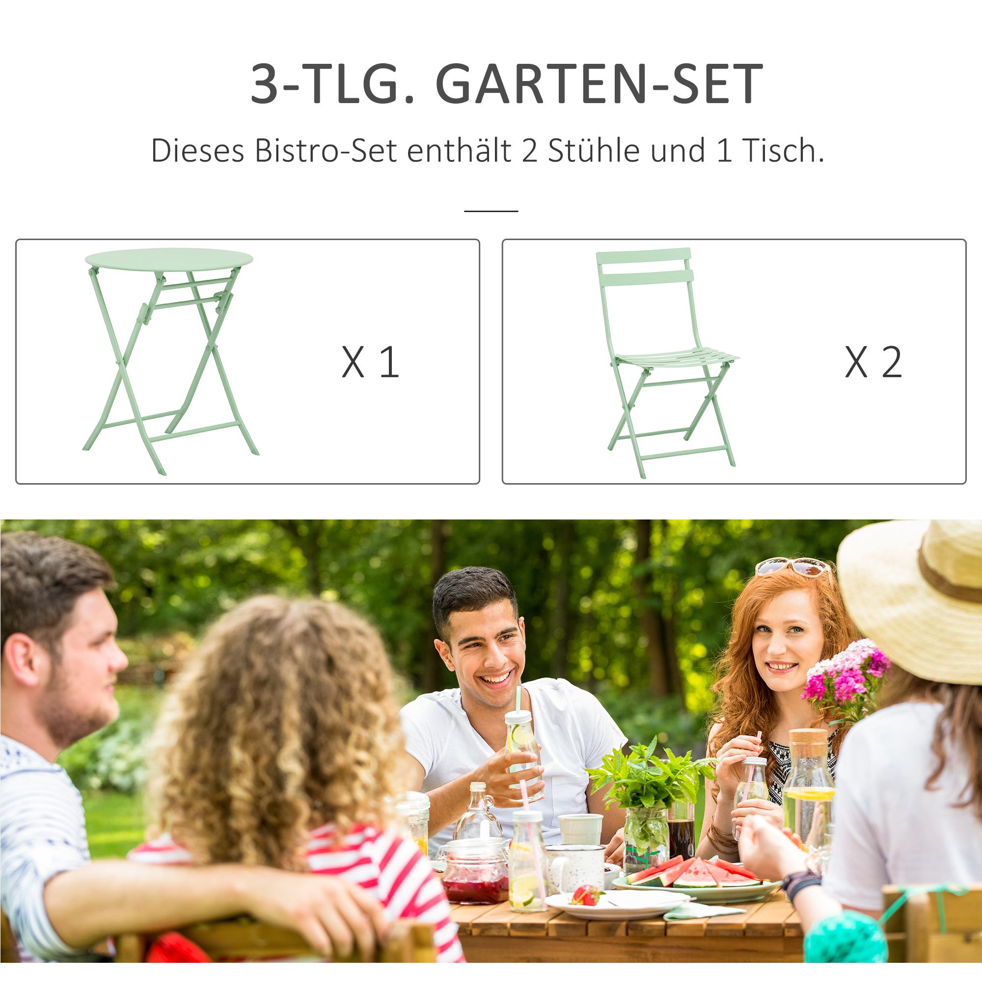 Gartenset für 2 Personen Garnitur Balkonmöbel Set Bistrotisch mit 2 Stühlen  für Hof Garten klappbar Grün