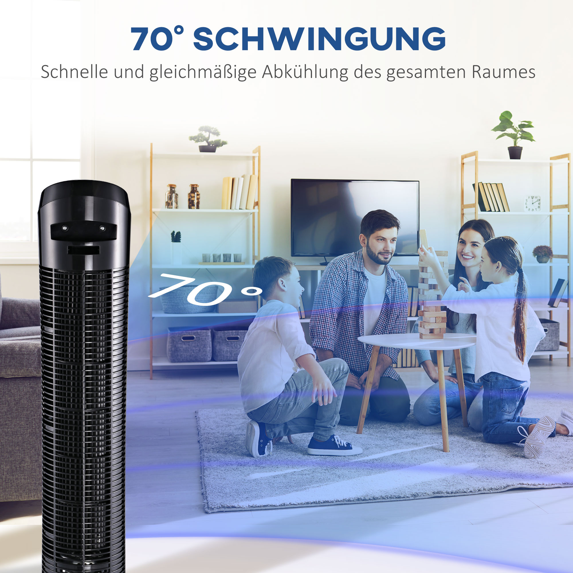 Standventilator 45 W Turmventilator Ventilator leise 3 Belüftungsstufen, 70° Oszillation, ABS, Schwarz, Ø27 x H75 cm