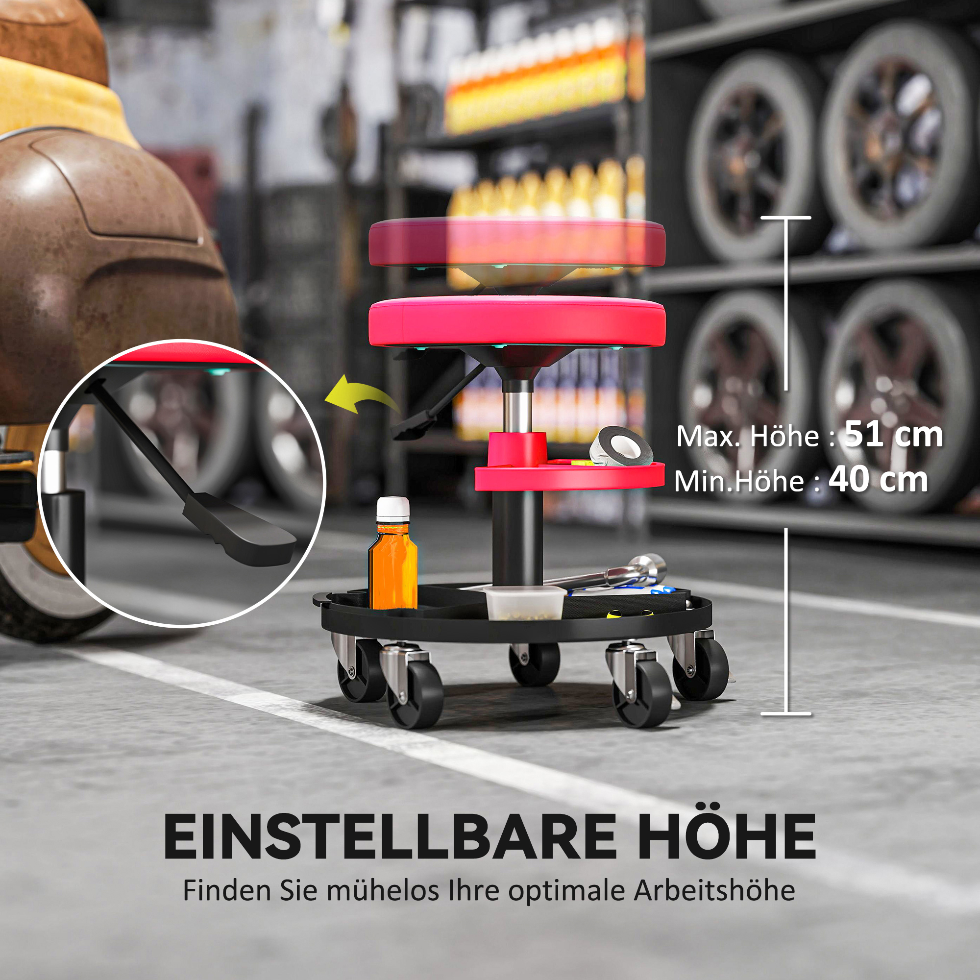 Werkstatthocker mit Rollen Tabletts höhenverstellbar 40-51cm Rollhocker bis 135 kg belastbar Rot