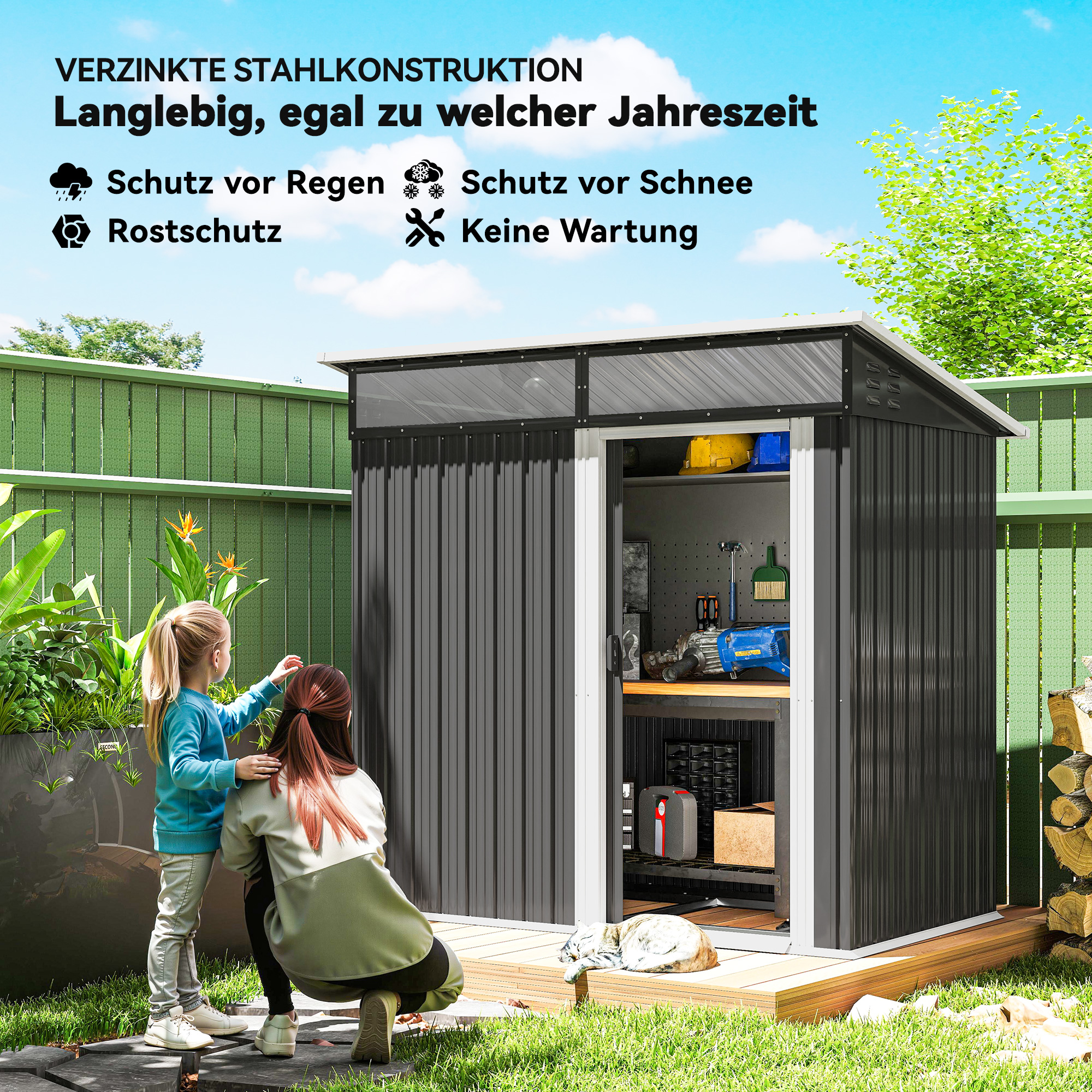 Gartenschuppen, Geräteschuppen mit Fenstern, Lüftungsöffnungen, Schiebetür, wasserdichter Stahl, wetterfest, Dunkelgrau