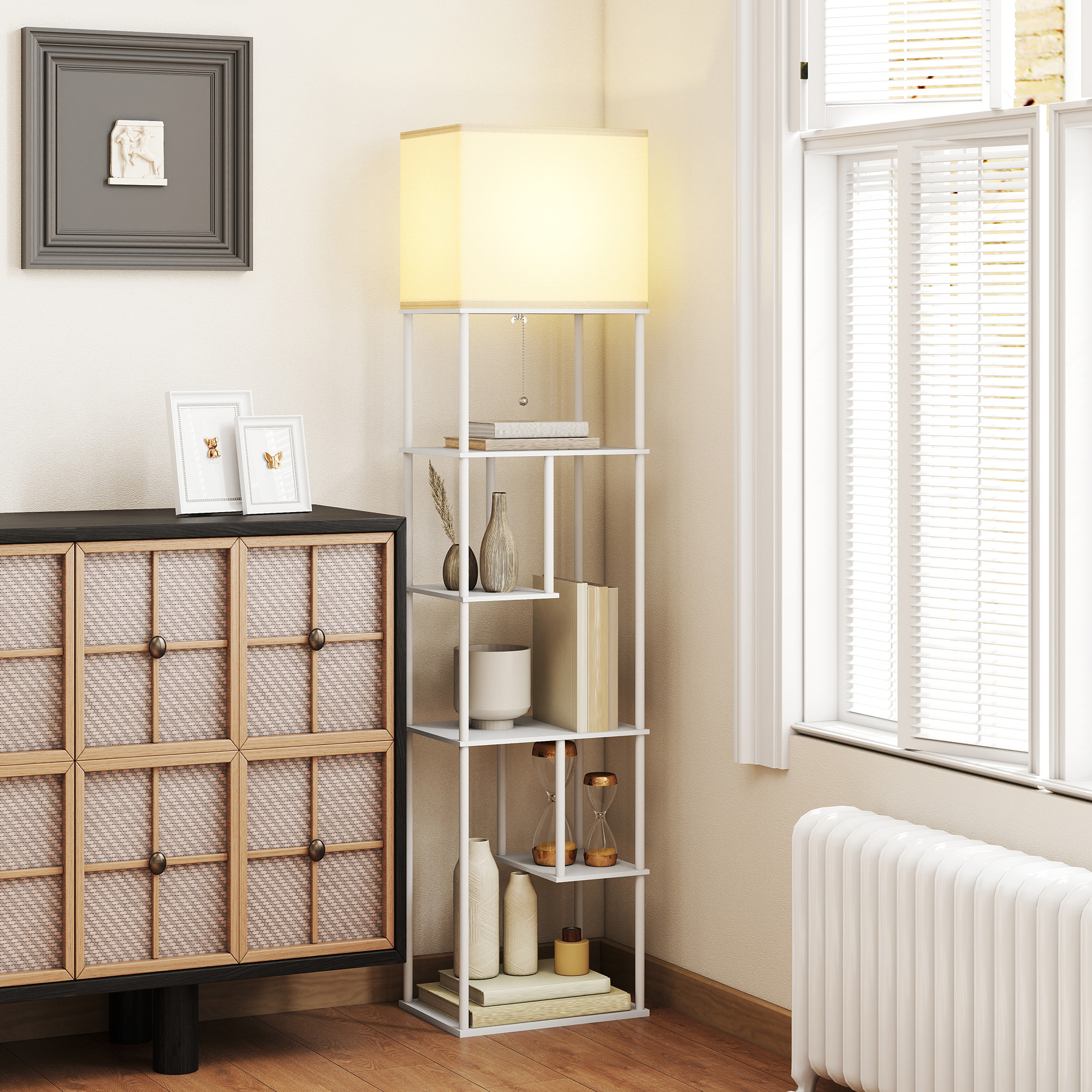 Stehlampe Stehleuchte mit Regalen, einstellbare Helligkeit & Farbtemperatur für Schlafzimmer, Büro, Wohnzimmer, Weiß