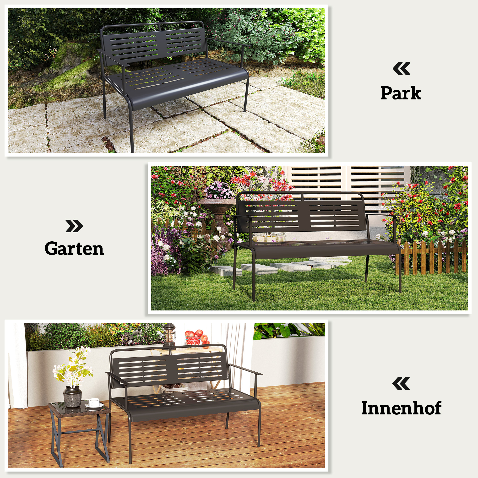 Gartenbank, wetterfest Sitzbank, wasserabweisend Gartenmöbel mit Rücken- & Armlehnen 121 x 64 x 84cm, Schwarz
