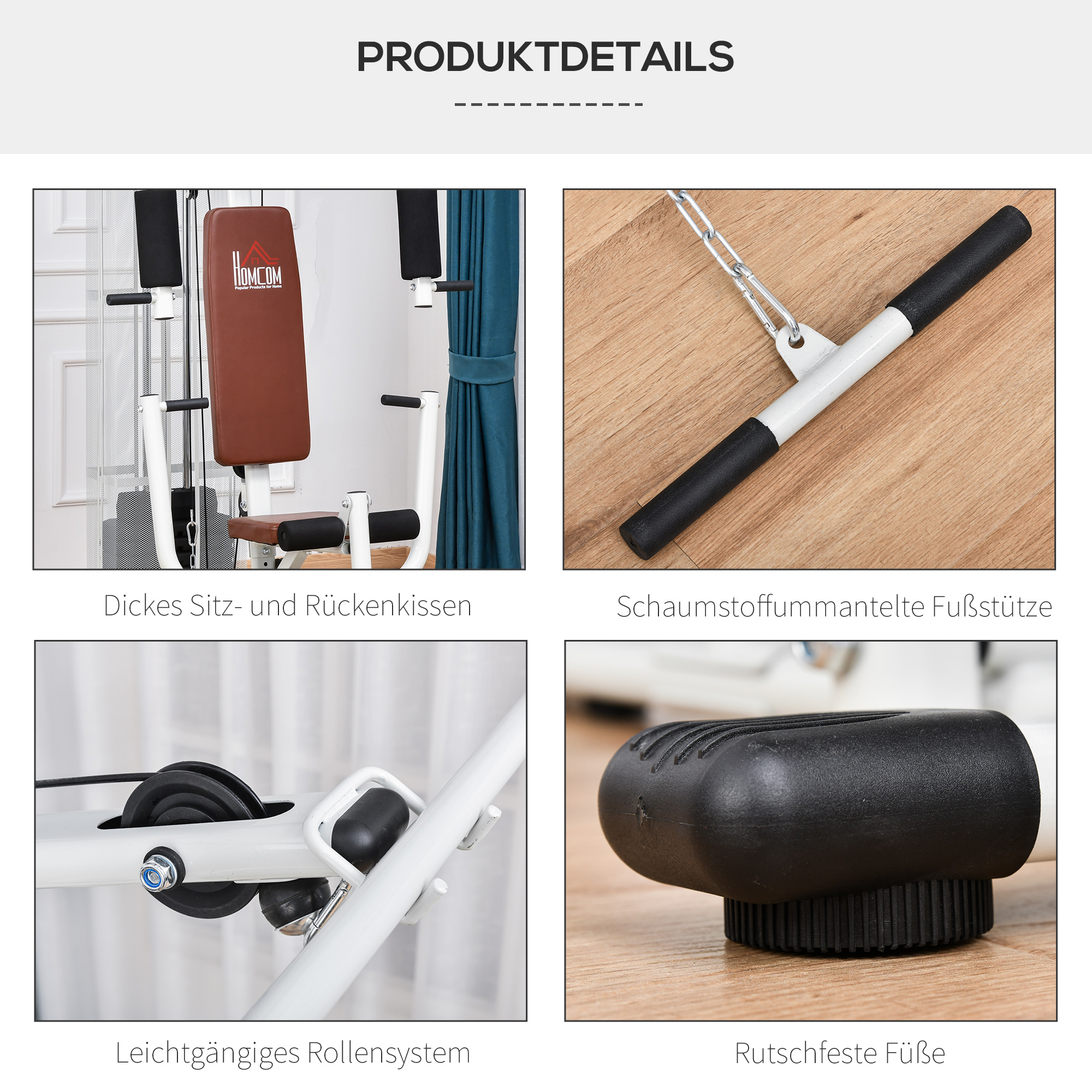 Gym Kraftstation Fitnessstation Multigym Fitnesscenter Fitnessgerät inkl. Gewichten Latzug Beincurl  Metall PU-Kunstleder Weiß 150 x 110 x 210 cm