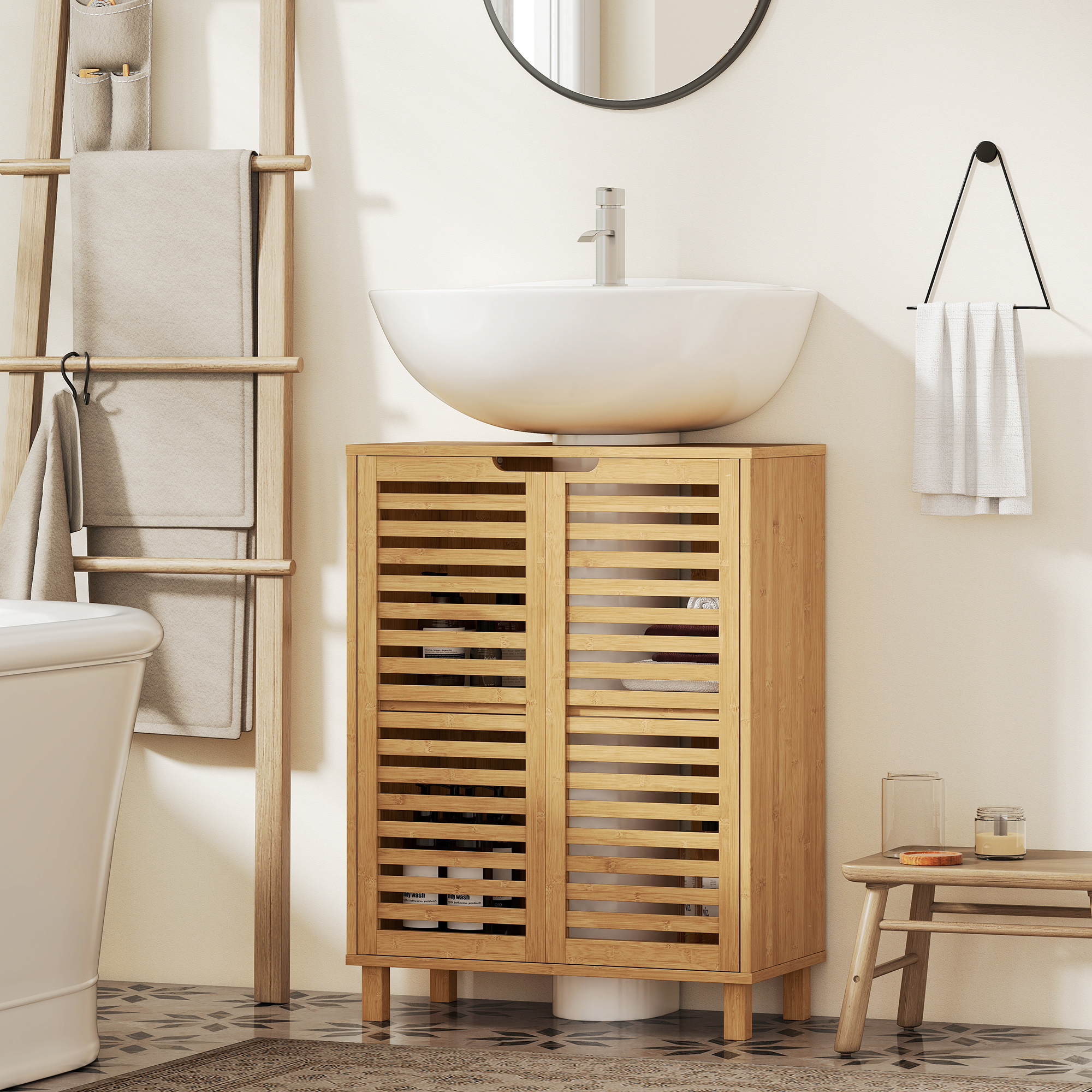 Waschbecken-Unterschrank für Badezimmer, Badschrank mit Lamellentüren, Bambusholz, verstellbare Regale, Natur