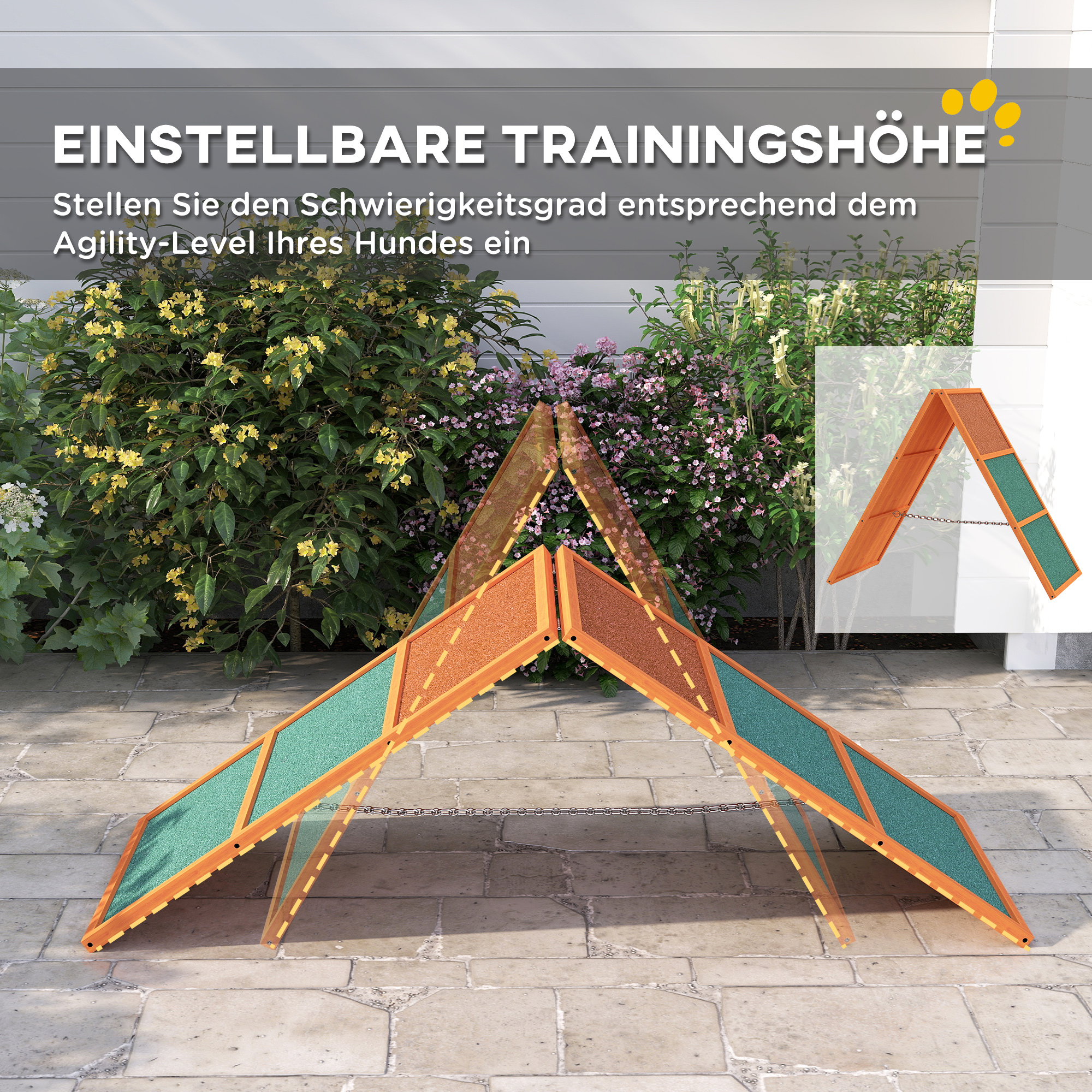 Agility Hunderampe, klappbar, verstellbare Höhe, rutschfest, Tannenholz, bis 40 kg, 173 x 59 x 66 cm, Orange/Grün