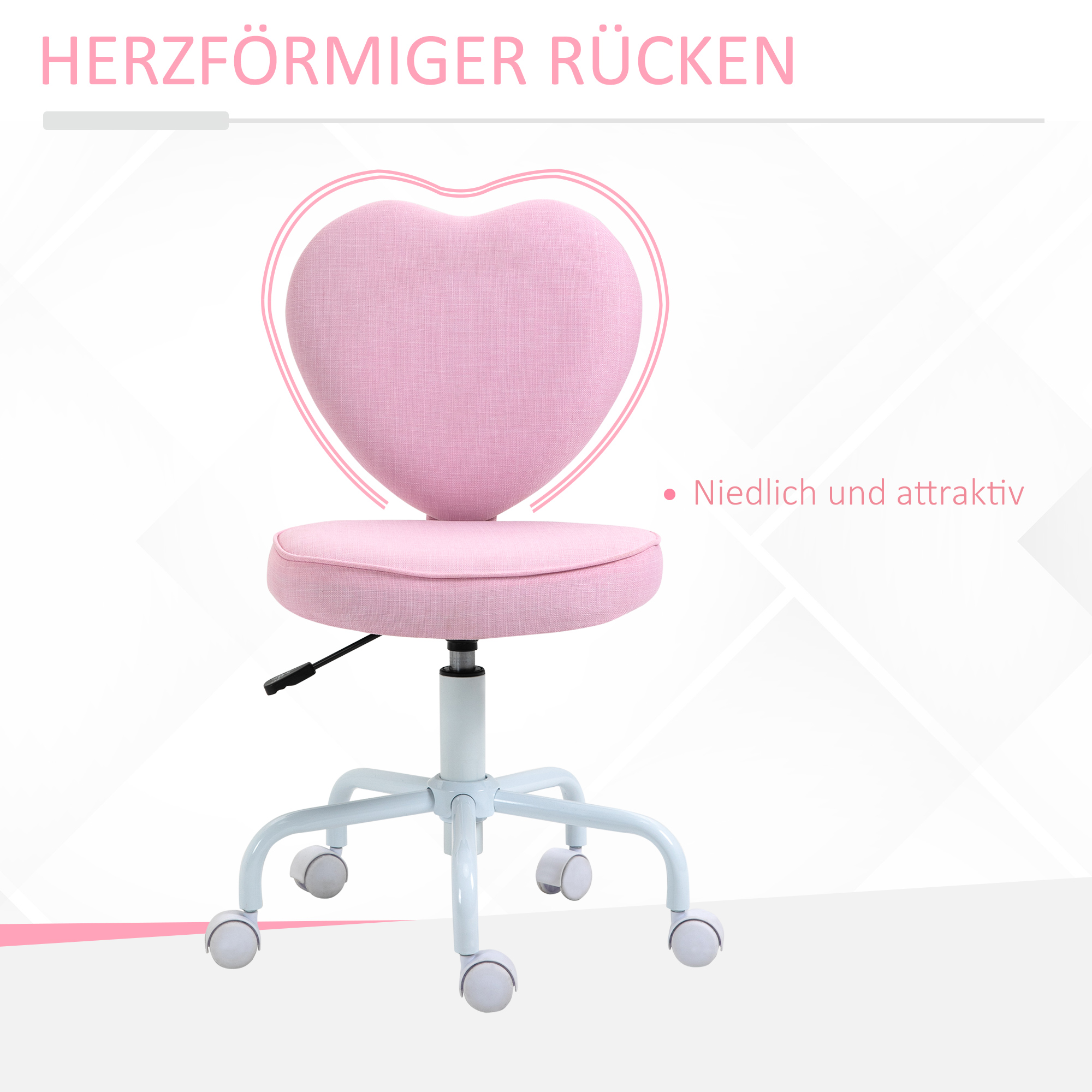 Drehstuhl, niedliches Herz-Design, höhenverstellbar, Stoffbezug in Leinenoptik, rosa, 42 x 50 x 79-89 cm