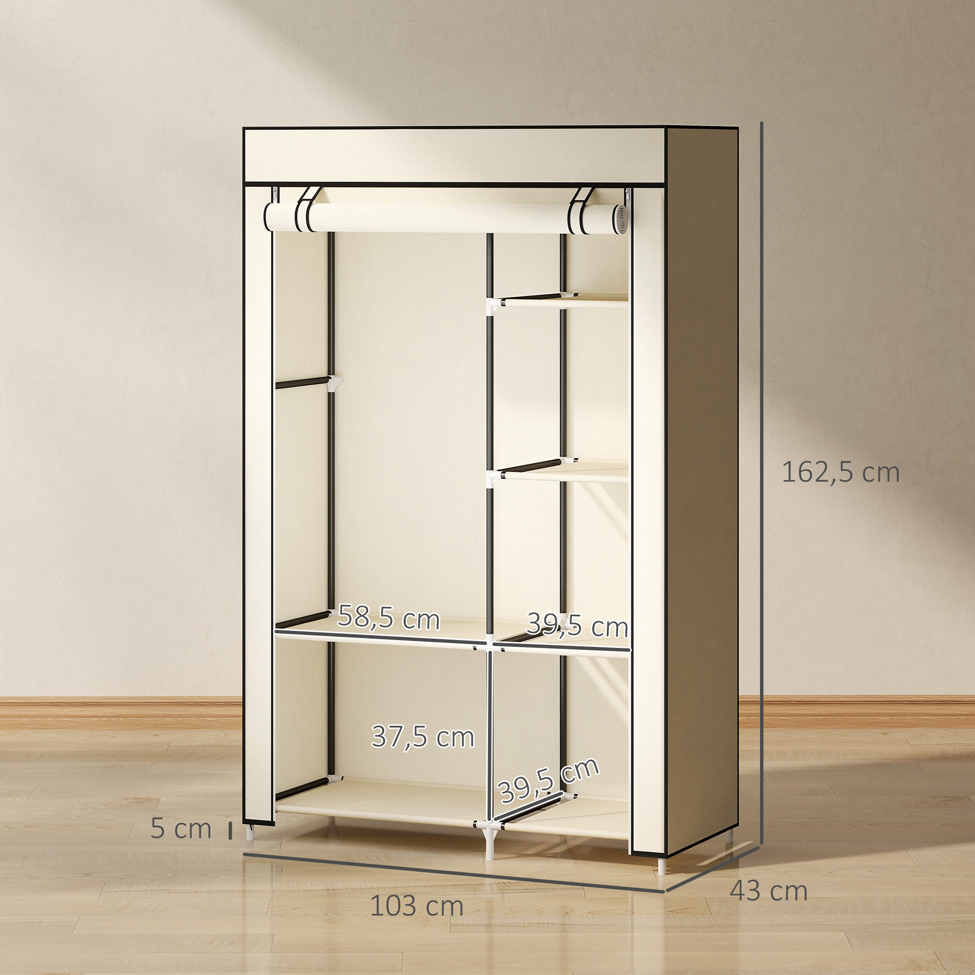 Schrank aus Stoff, Aufbewahrungslösung, 6 Regale, 1 Kleiderstange, Beige
