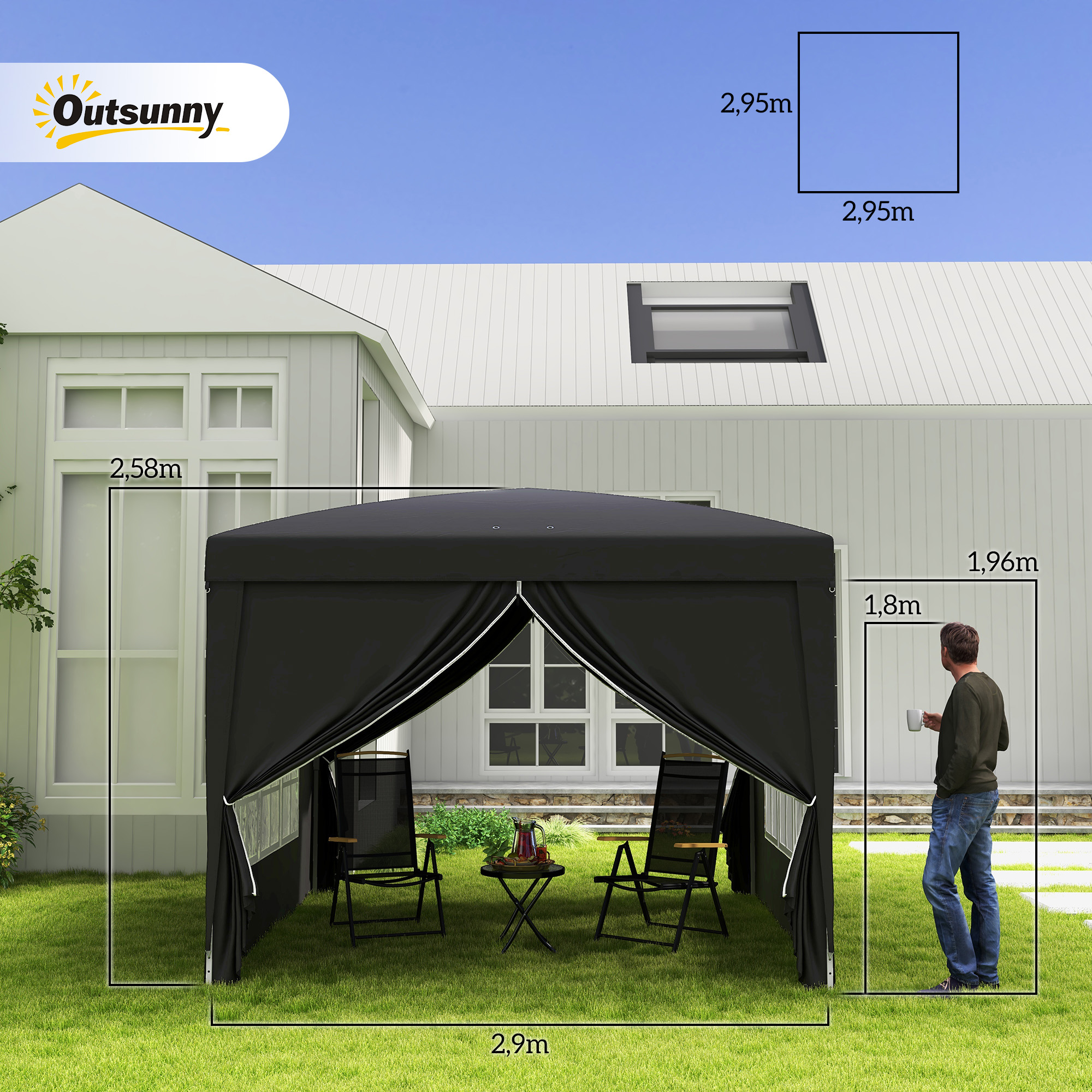 3 x 3 m Pavillon mit 4 Seitenwänden, Fenster, Festzelt mit UV-Schutz, Gartenzelt inkl, Tragetasche, Stahl, Schwarz