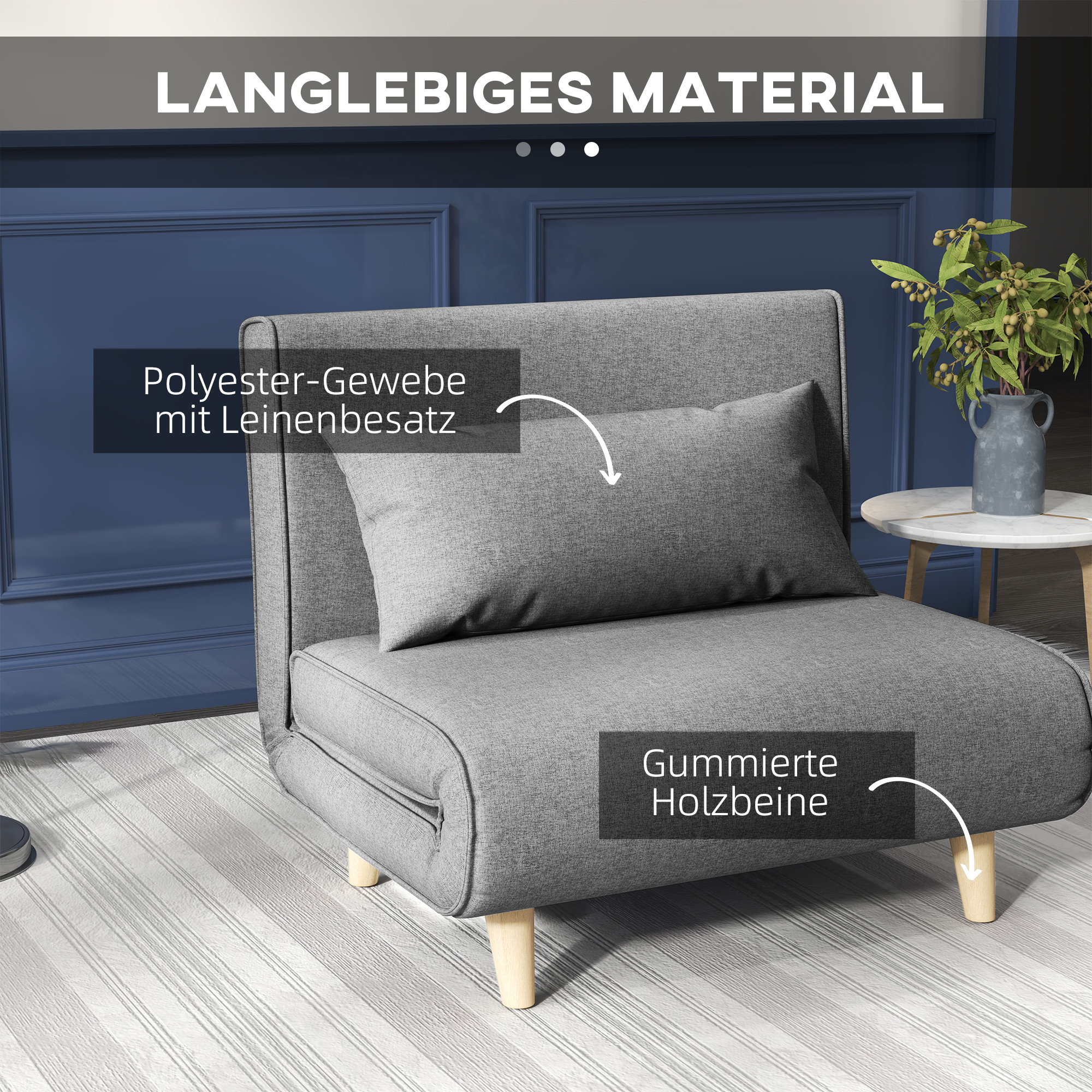 Einzelsofa Schlafsofa Sofabett Klappsofa verstellbar Rückenlehne Liege nordisch skandinavisch 25D Schaumstoff Haus Leinenimitat Tannenholz Grau 94 x 78 x 80 cm