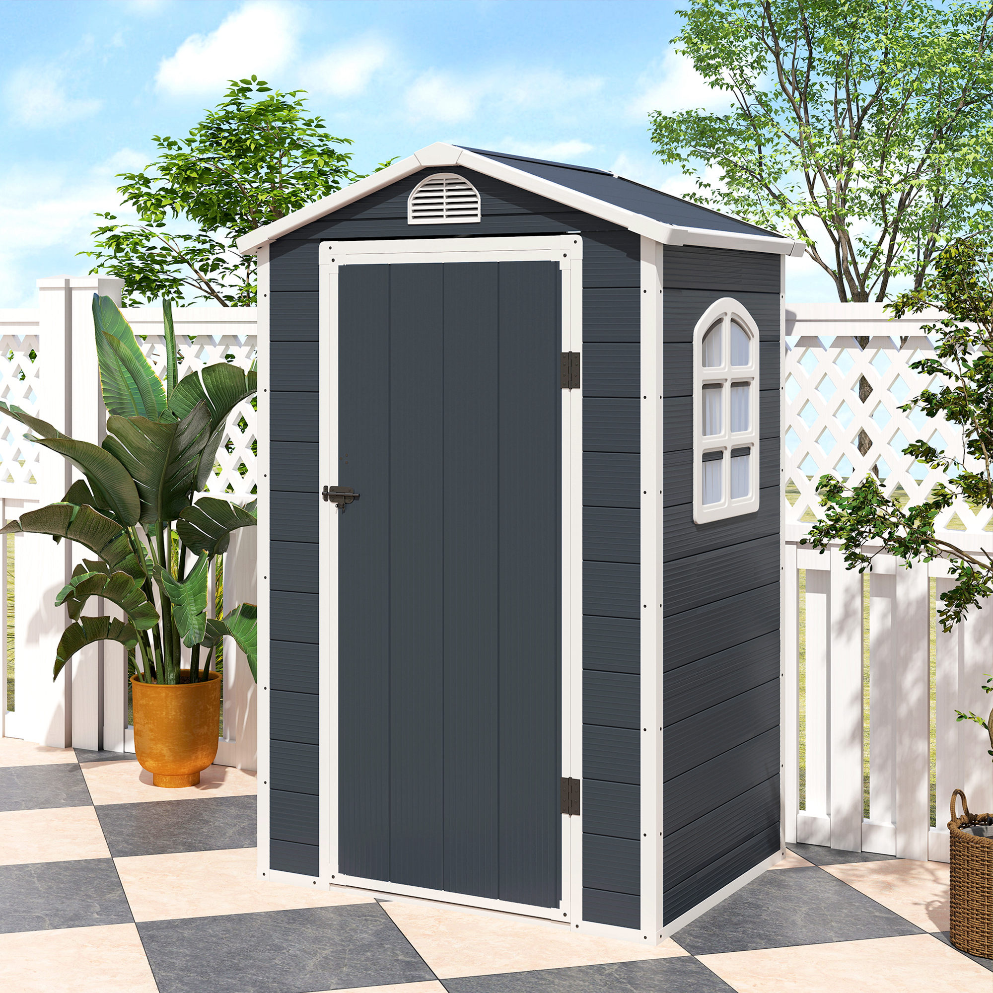 Gerätehaus Kunststoff 1,9m² 134x104x204cm Geräteschuppen mit Satteldach Tür wetterfest Gartenhaus Outdoor Garten Schuppen Schrank für Hinterhof Außenbereich Dunkelgrau