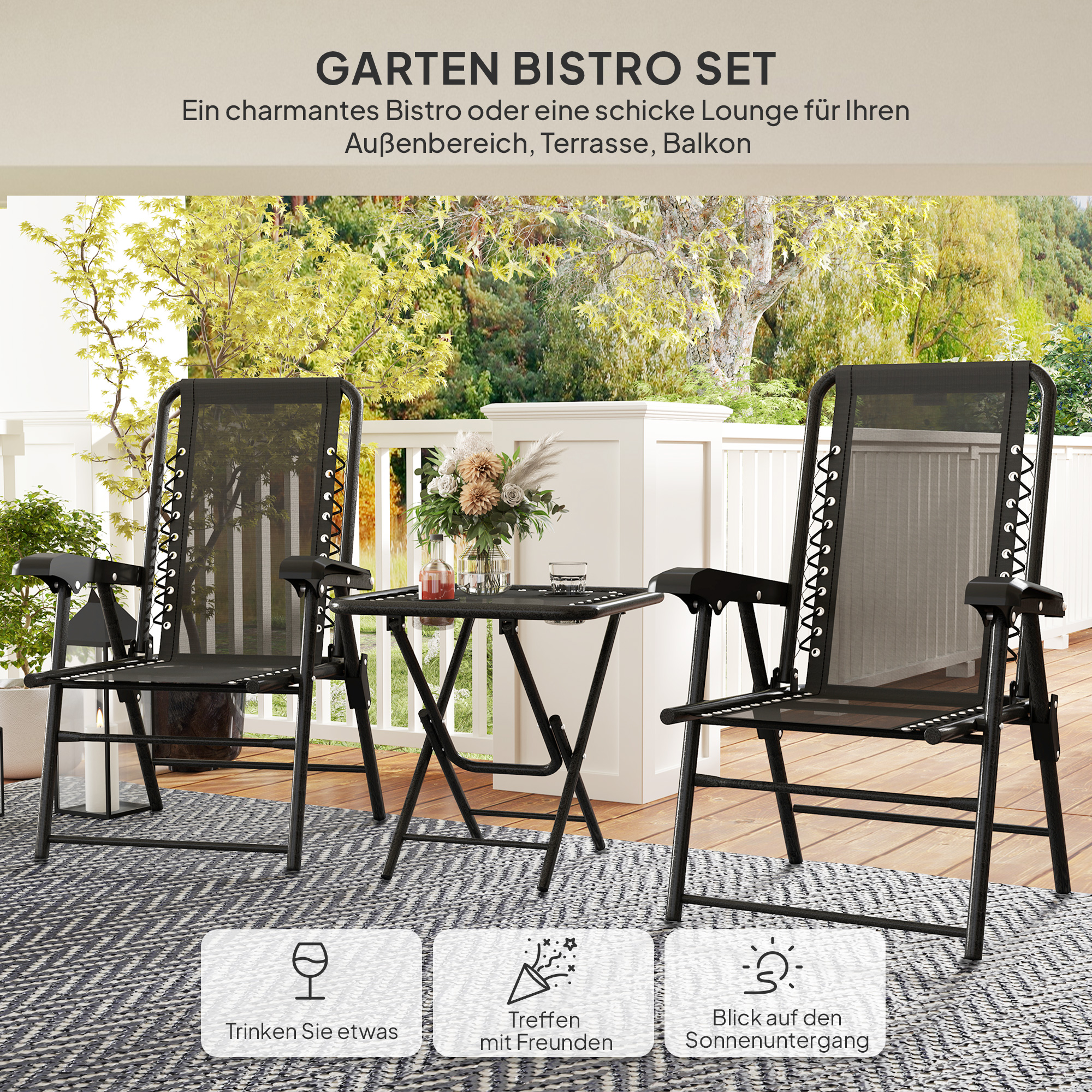 Bistro Set 3-teilig aus Stahl Wetterfest Gartenmöbel Set mit klappbar Bistrotisch Becherhalter Gartenstühlen Schwarz
