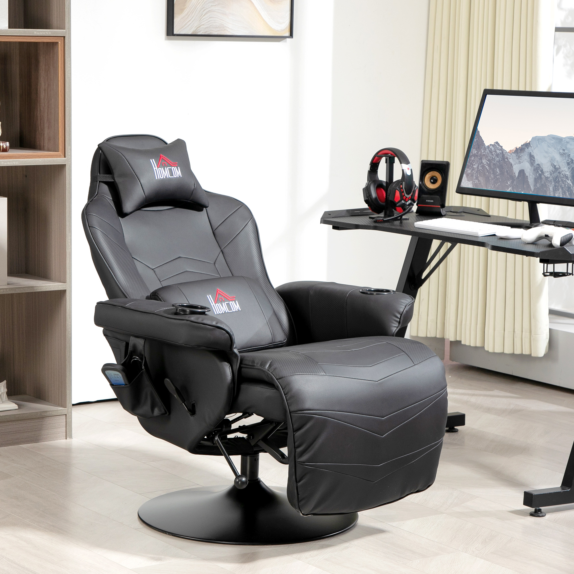 Gamingsessel, Massagefunktion, neigbare Lehne, Fußstütze, bis 120 kg, Stahlrahmen, Kunstleder, Schwarz