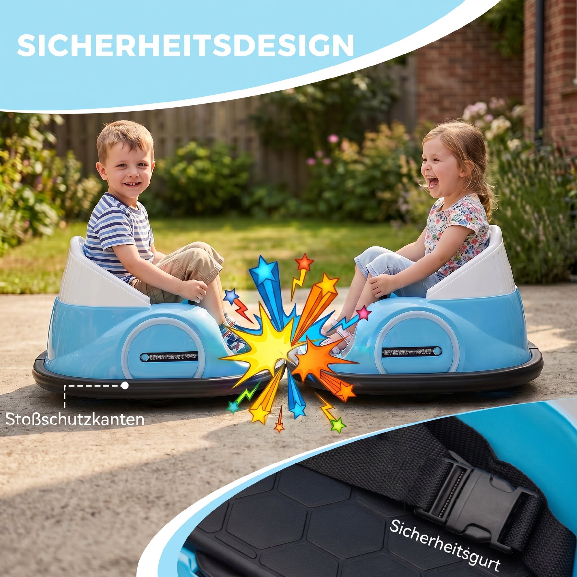 Autoscooter, 360° Rotation, 2 km/h Geschwindigkeit, Sicherheitsgurt, LED-Lichter, Musik und Hupe, Blau