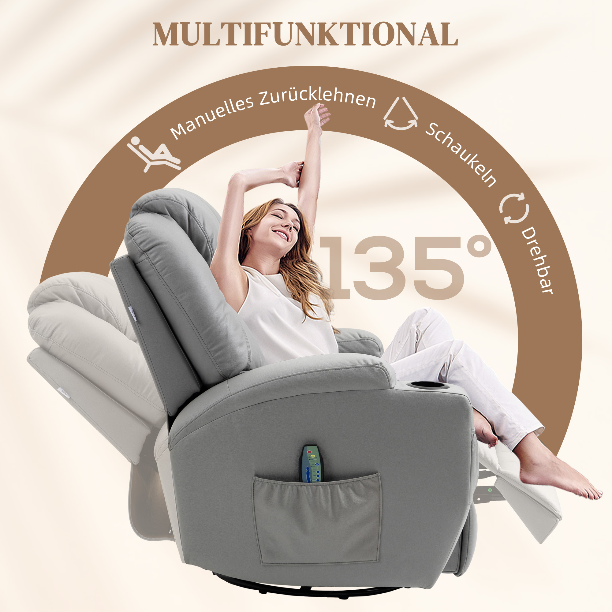 Massagesessel mit Fußstütze, 8 Vibrationspunkte, 5 Modi, inkl. Fernbedienung, Hellgrau