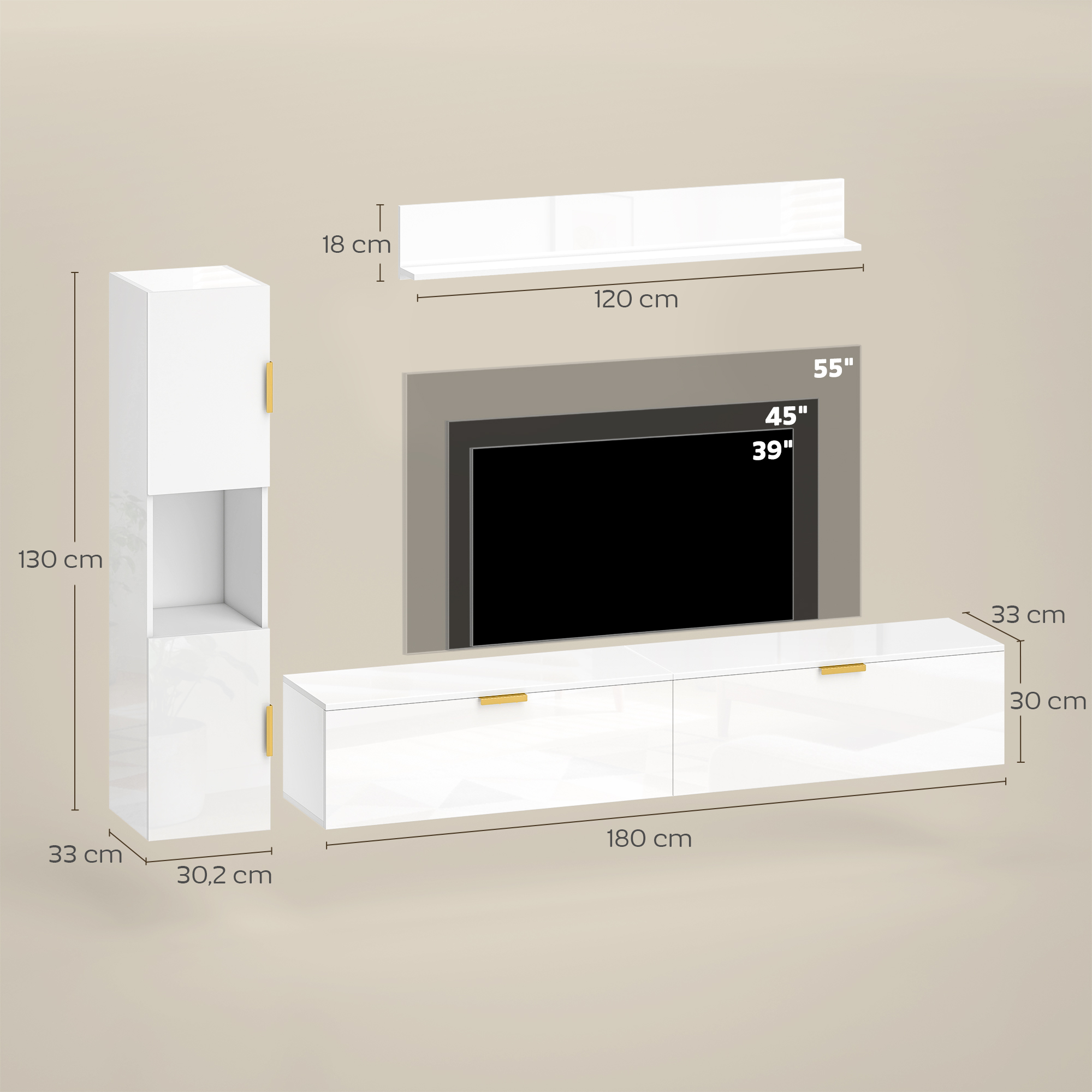 Schwebendes TV-Board mit Klapptüren Entertainment-Center Wandregal Schrank 180 cm Hochglanz Weiß