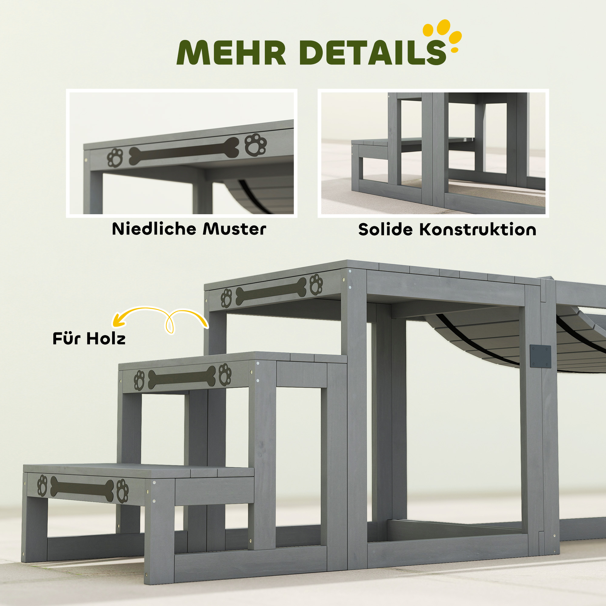 Hunde Agility Set 3-teiliges Set Agility-Ausrüstung mit Brücke, Treppe, Plattform, Tannenholz, 117 x 50 x 56 cm, Grau