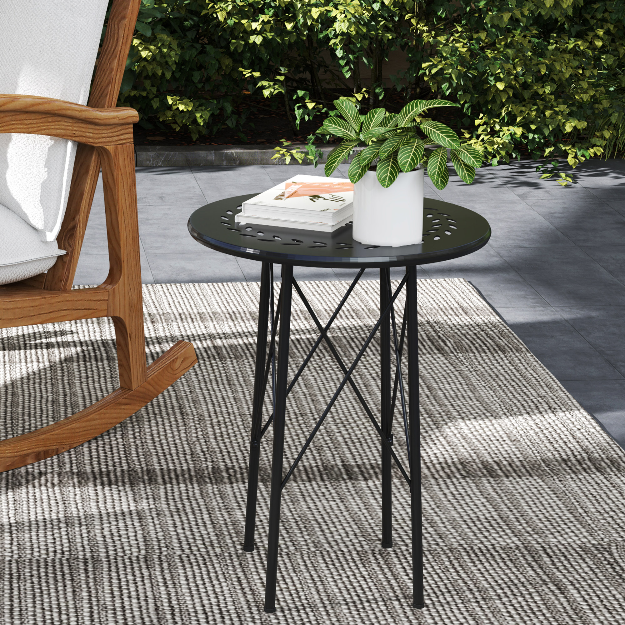 Gartentisch, runder Terrassentisch mit Blumenmuster, Stahl, Bistrotisch für drinnen und draußen, Schwarz