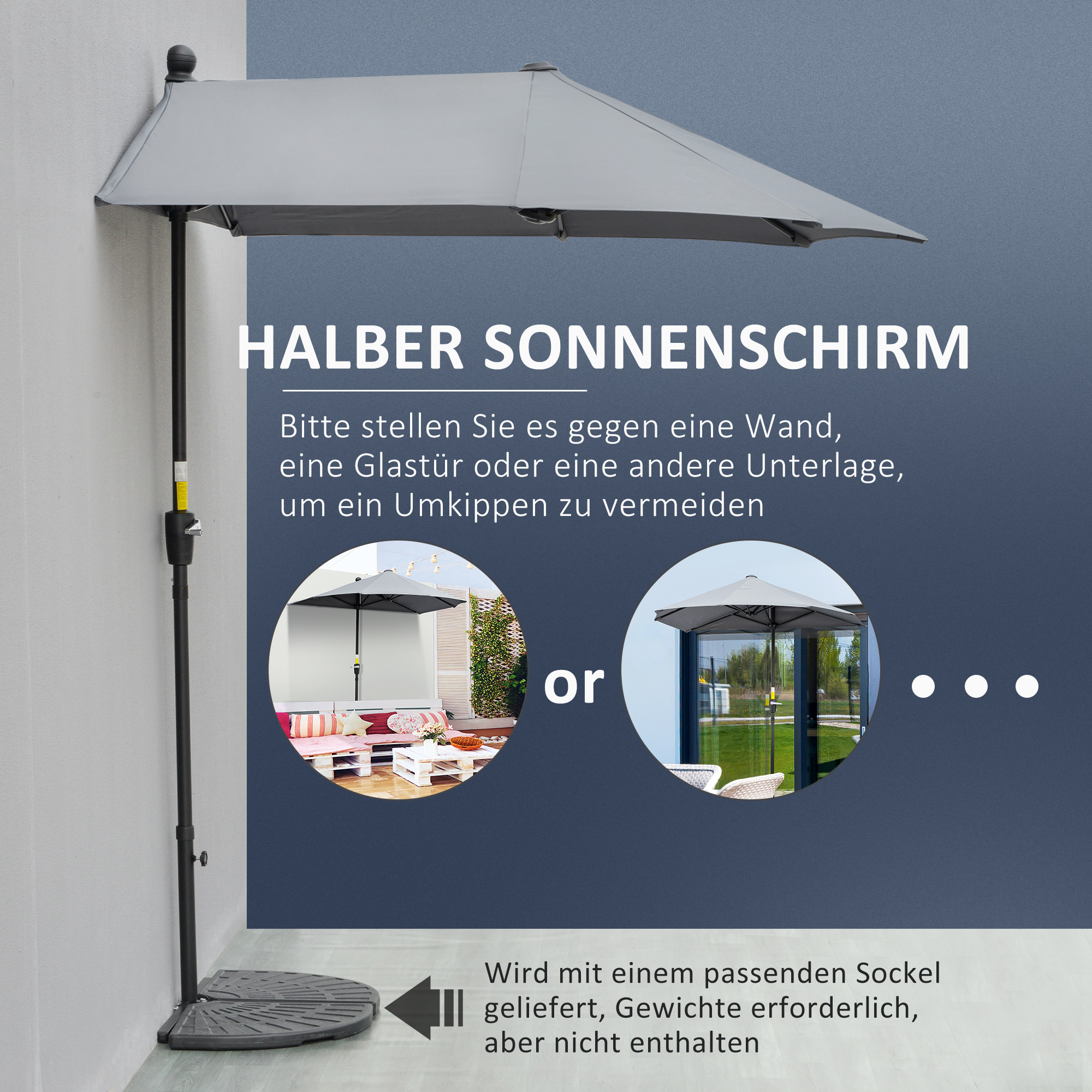 2 x 2 m Sonnenschirm Halbrundschirm Balkonschirm mit Halterung wasserabweisend für Garten Terrassen Höfe 100% Polyester Dunkelgrau