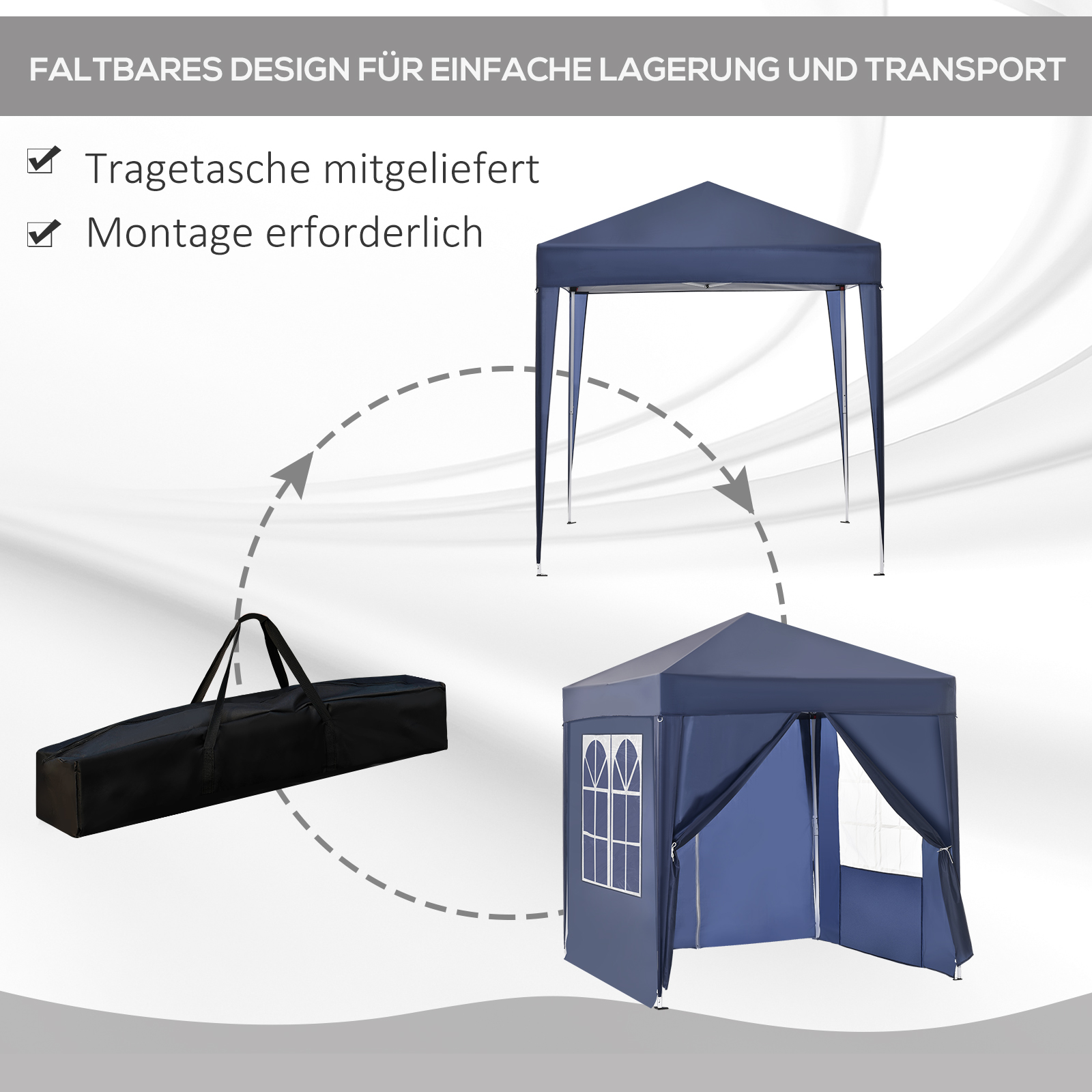 Faltpavillon, Bierzelt, 4 abnehmbare Seitenwände, 2 Fenster, Metallrahmen, 2 x 2m, Blau