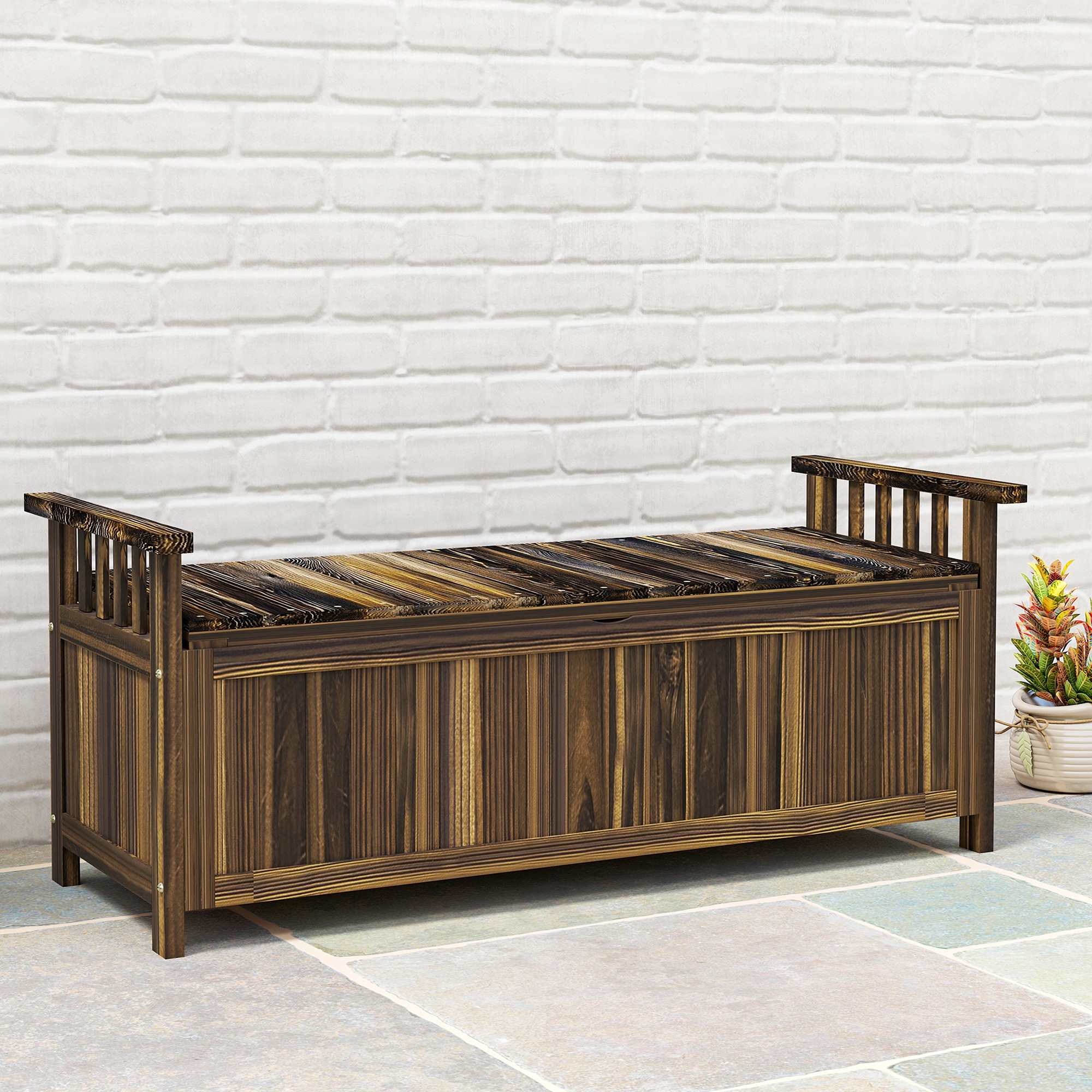 2-Sitzer Gartenbank Holz, wetterfest Sitzbank, Gartenmöbel mit Stauraum Armlehnen 128,5 x 56 x 53,5cm, Verkohlt
