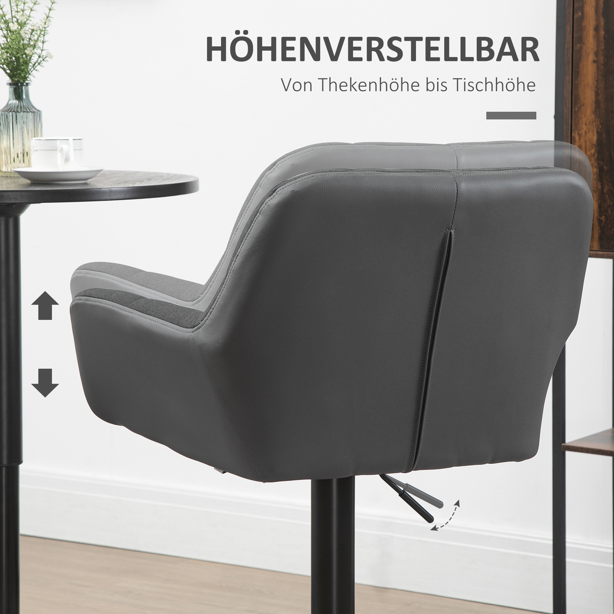 Barhocker 2er-Set Retro-Design höhenverstellbar Kunstleder Leinenoptik Grau + Schwarz