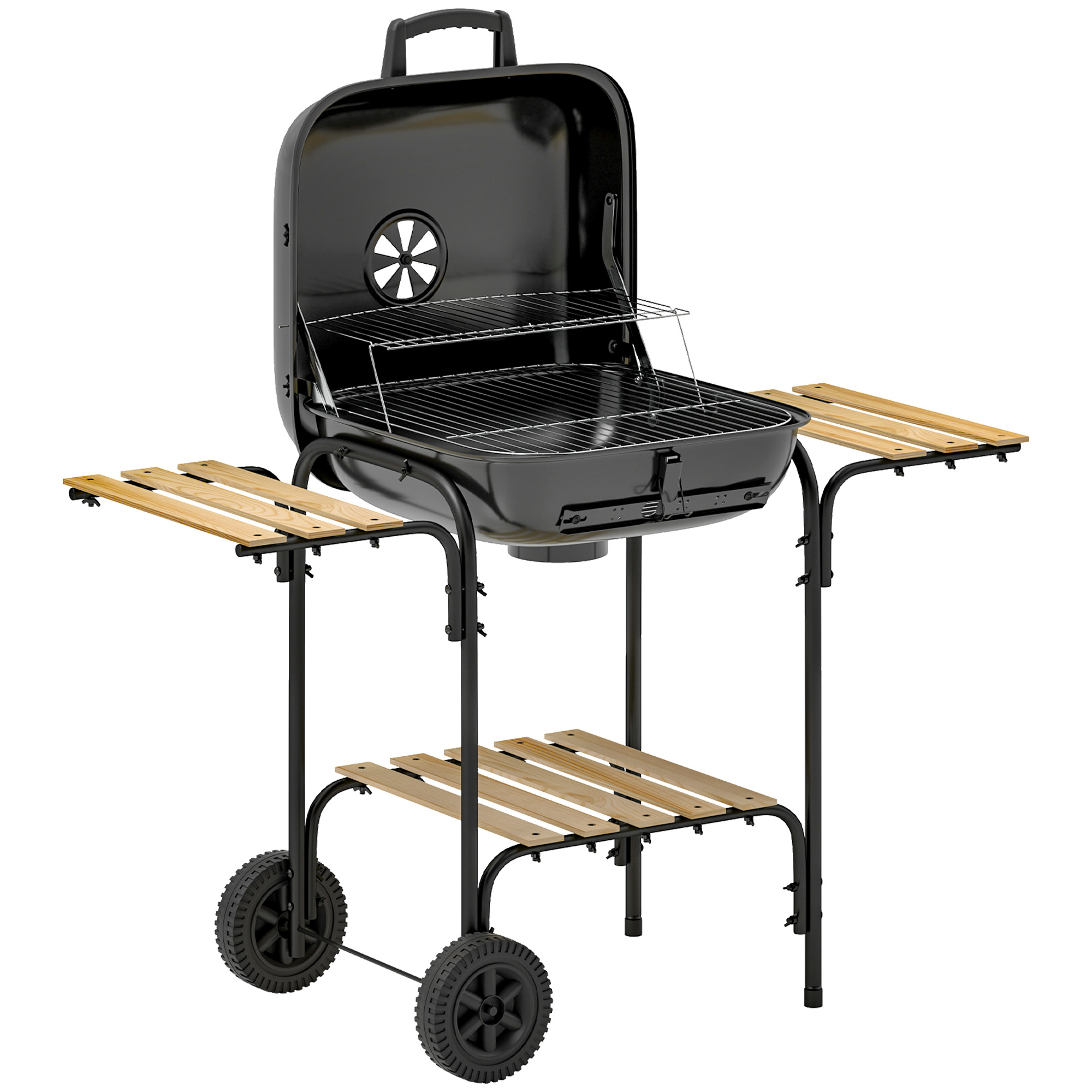Holzkohlegrill aus Stahl Grillwagen mit abschließbarem Deckel Grillrost Räder Griff Holzablage 98 x 54 x 91 cm Schwarz