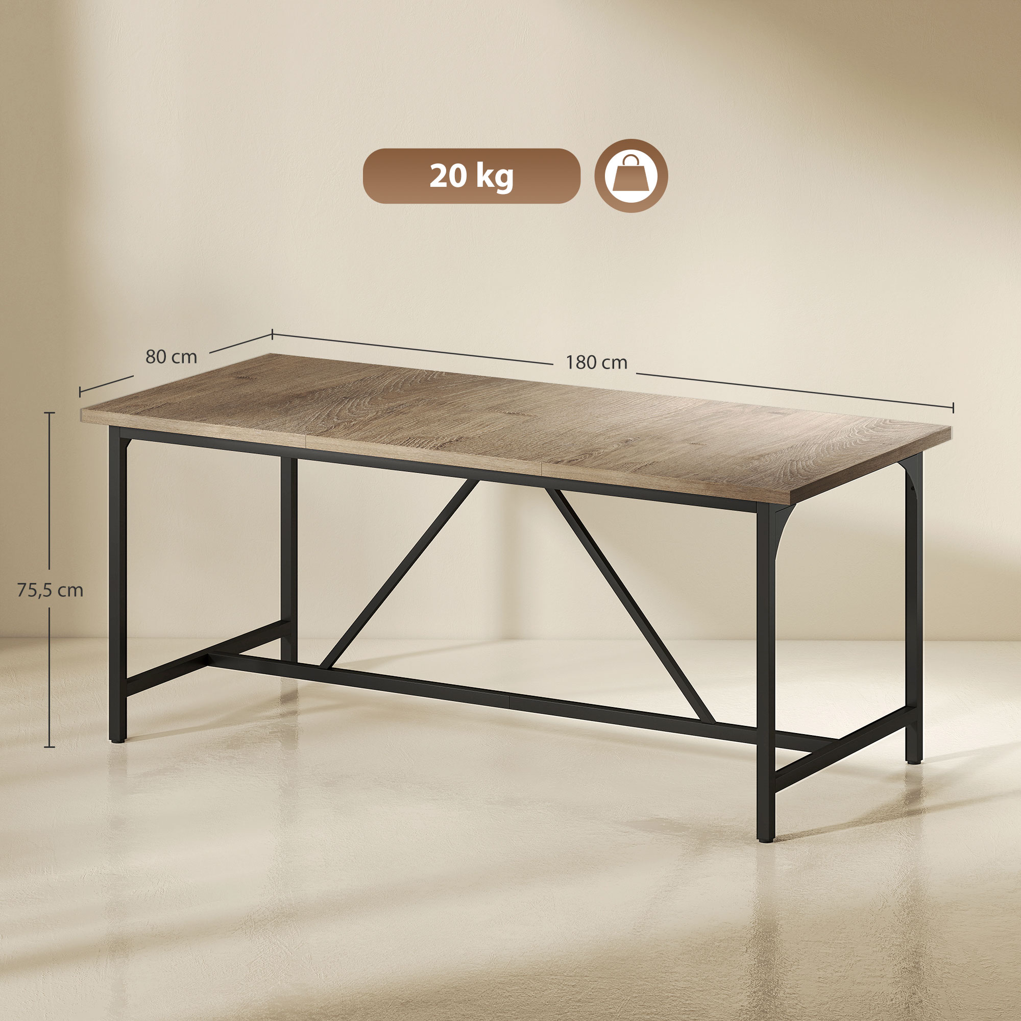 Esstisch für 6-8 Personen Moderner Rechteckiger Küchentisch mit Holzoptik, 180 x 80 x 75,5 cm, Natur