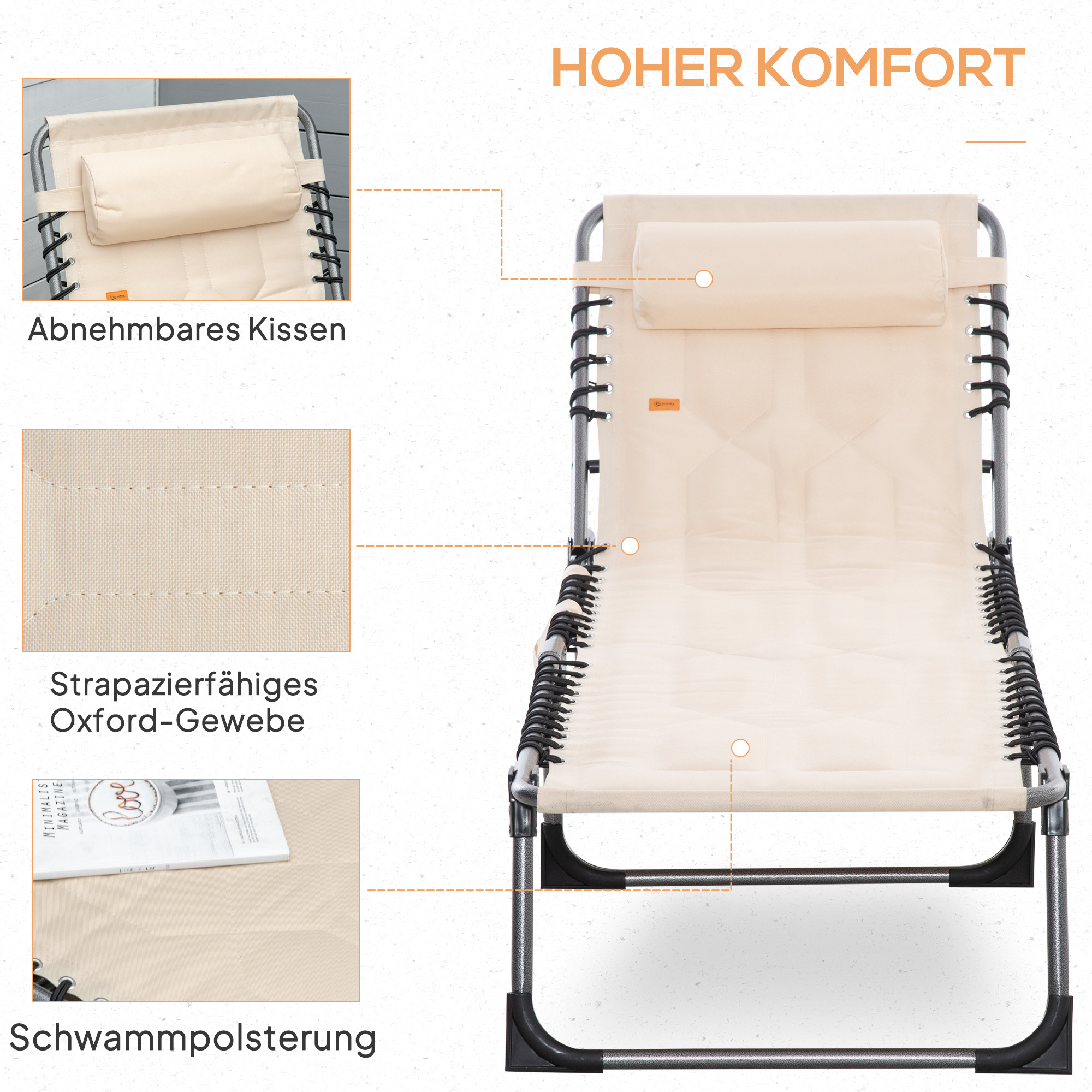 Sonnenliege, Faltbare Gartenliege, Klappliege mit Kissen, 5-stufige Rückenlehne, Oxfordstoff, 188 x 57 x 30 cm, Beige