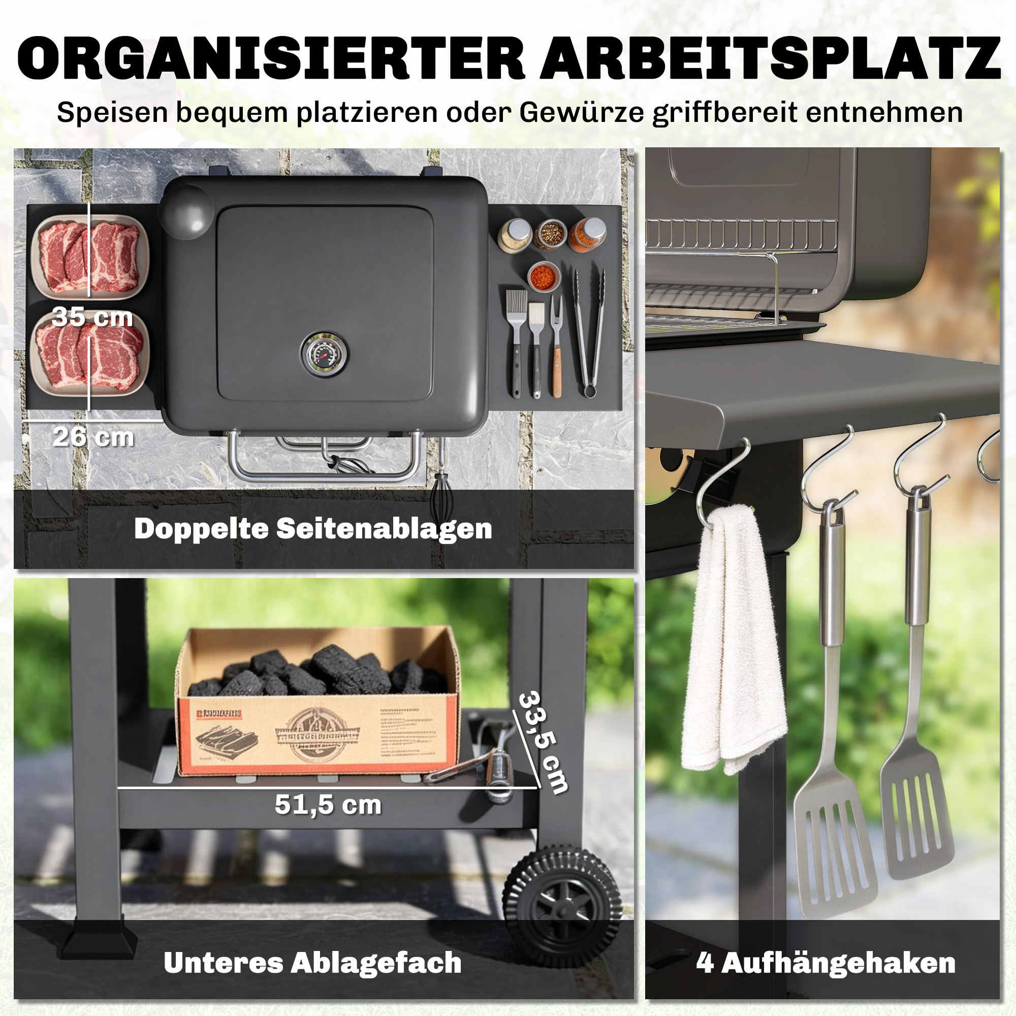 Holzkohlegrill BBQ Smoker mit Deckel Thermometer höhenverstellbar Kohlepfanne Kamin Grillrost Seitentisch Aschefach