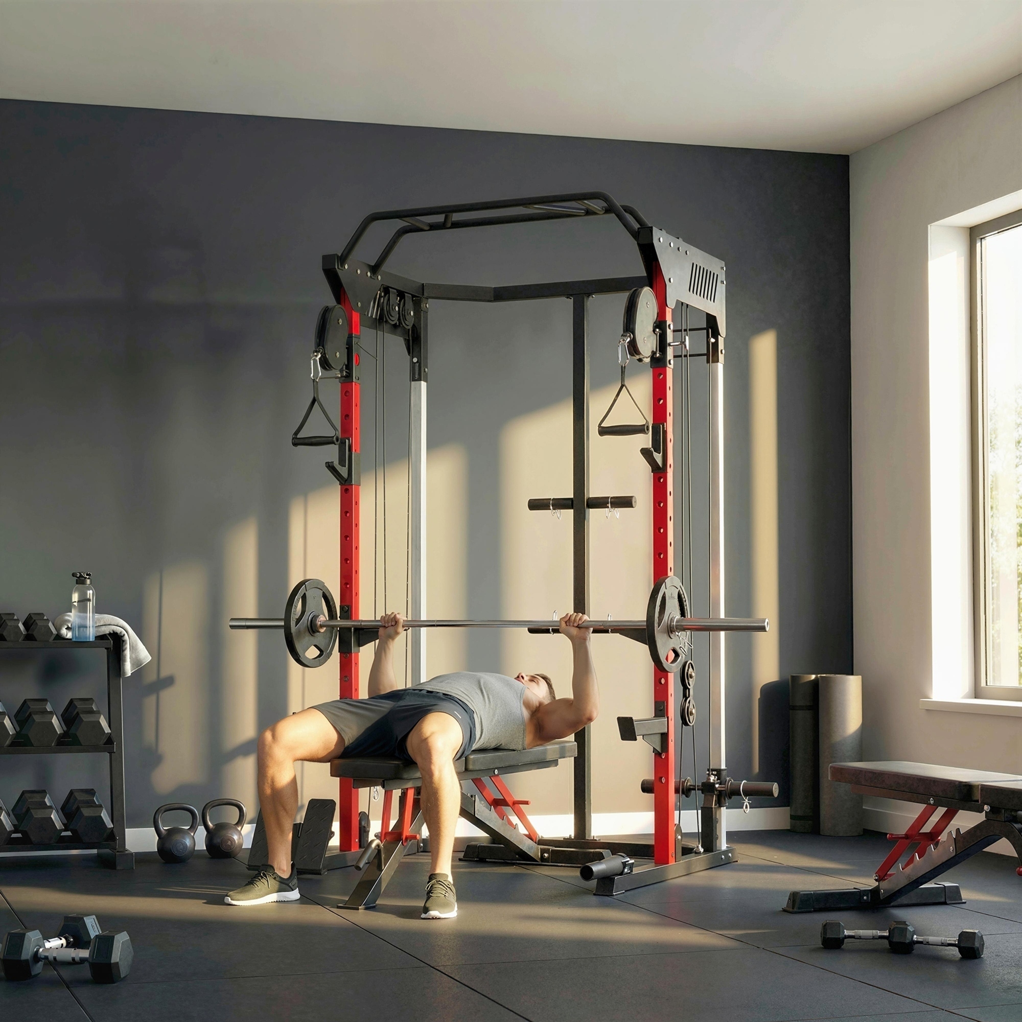 Power Cage Smith Machine, Power Rack mit verstellbarem Kabelzugsystem, multifunktional bis 300kg