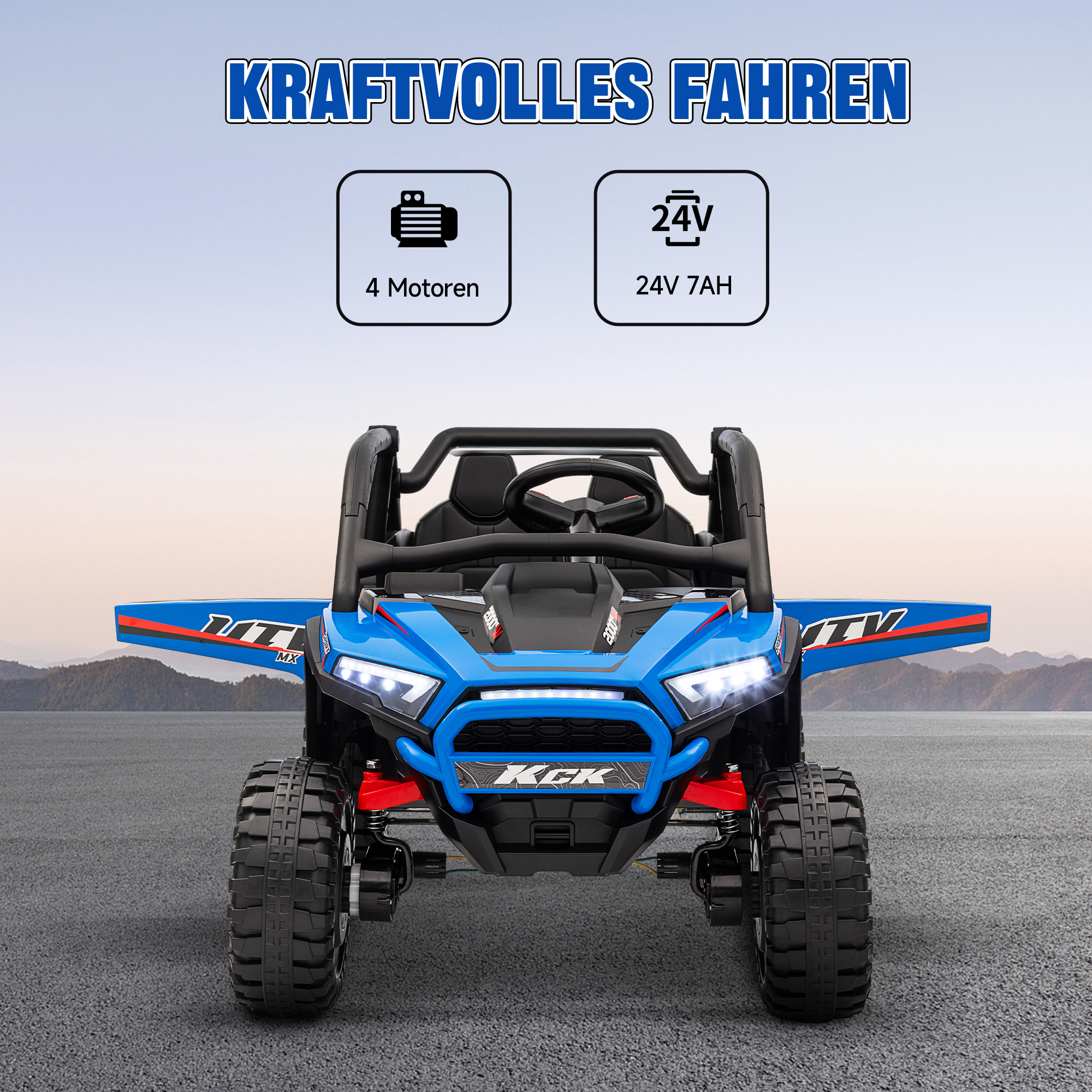 Kinderauto Elektro-UTV, 5-7 km/h, 2-Sitzer, Fernbedienung, Musik, Lichter, 1h Fahrtdauer, Blau