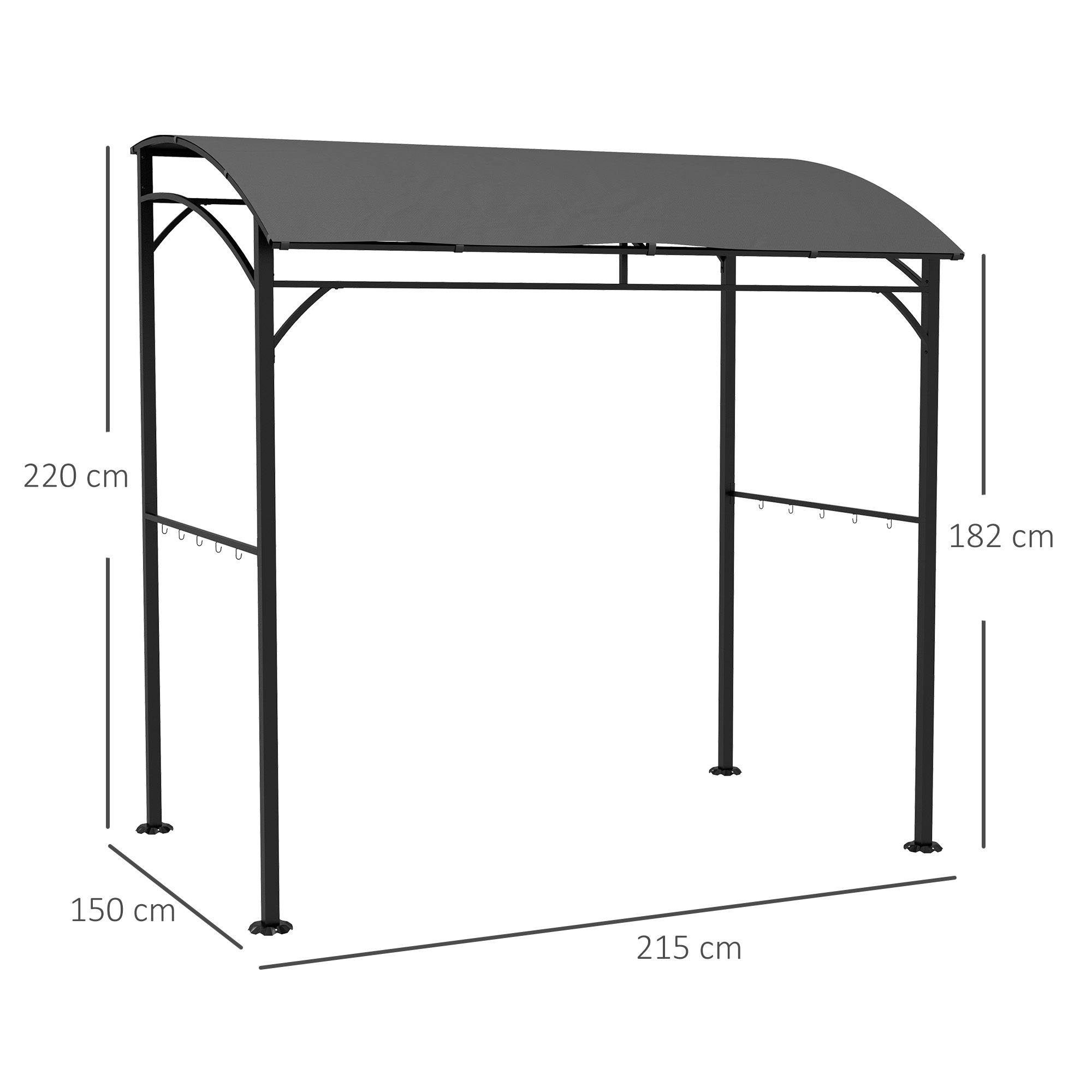 Grillpavillon, Grillüberdachung, Regenschutz, Haken für Utensilien, Stahlrahmen, Dunkelgrau, 215 x 150 x 182/220 cm