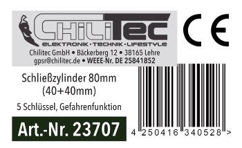 Schließzylinder 80mm (40+40mm) / 5 Schlüssel, Not- & Gefahrenfunktion