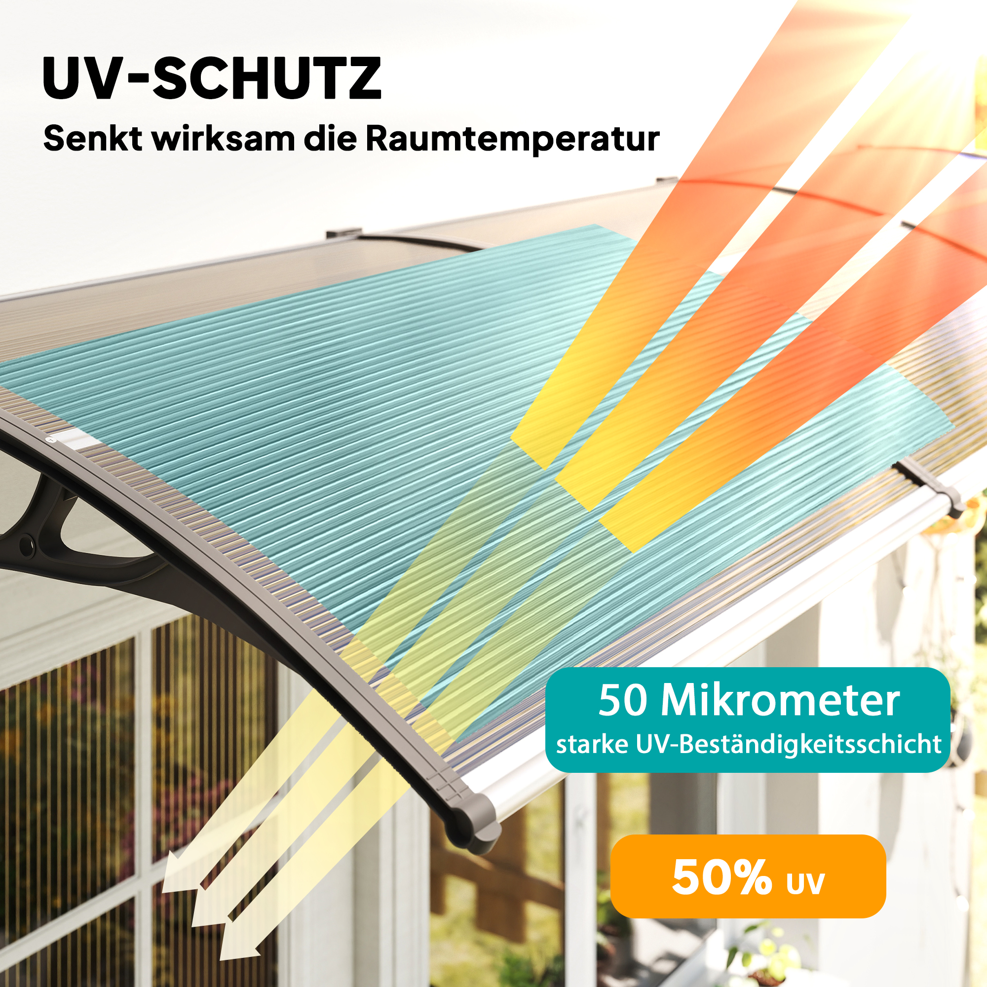 Vordach für Haustür/Fenster, wetterfest, Braun, Aluminium/Polycarbonat, 303x96x27cm, Schwarz