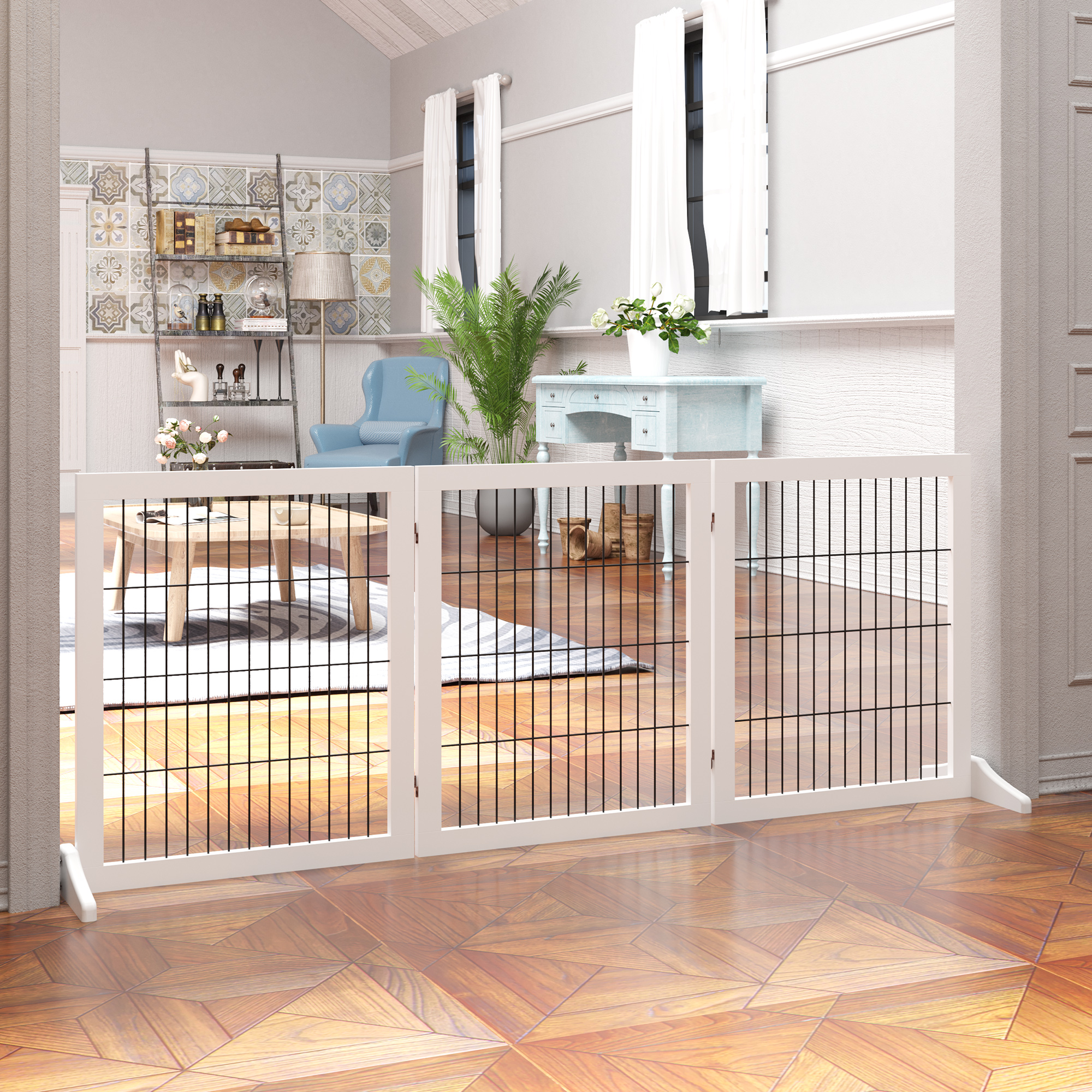 Absperrgitter für Hunde Schutzgitter Hundegitter mit Stützfüßen Treppengitter Hundeabsperrgitter Türschutzgitter für Kamin & Ofen, Kiefernholz Weiß 185 x 36 x 71 cm