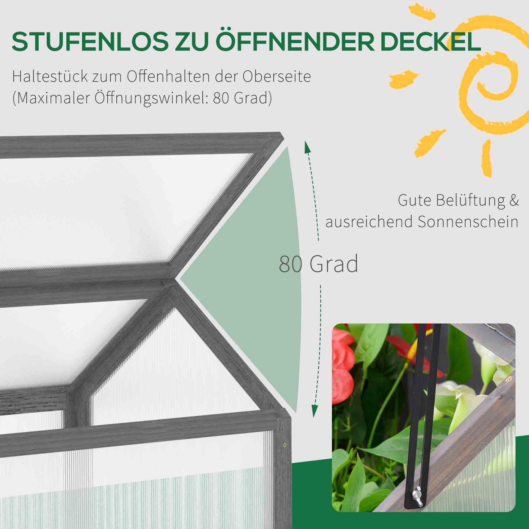 Mini-Gewächshaus, Kompaktes Pflanzenhaus aus Holz, Polycarbonat-Platten, Belüftungsöffnung, 90L x 52B x 49,5H cm, Grau