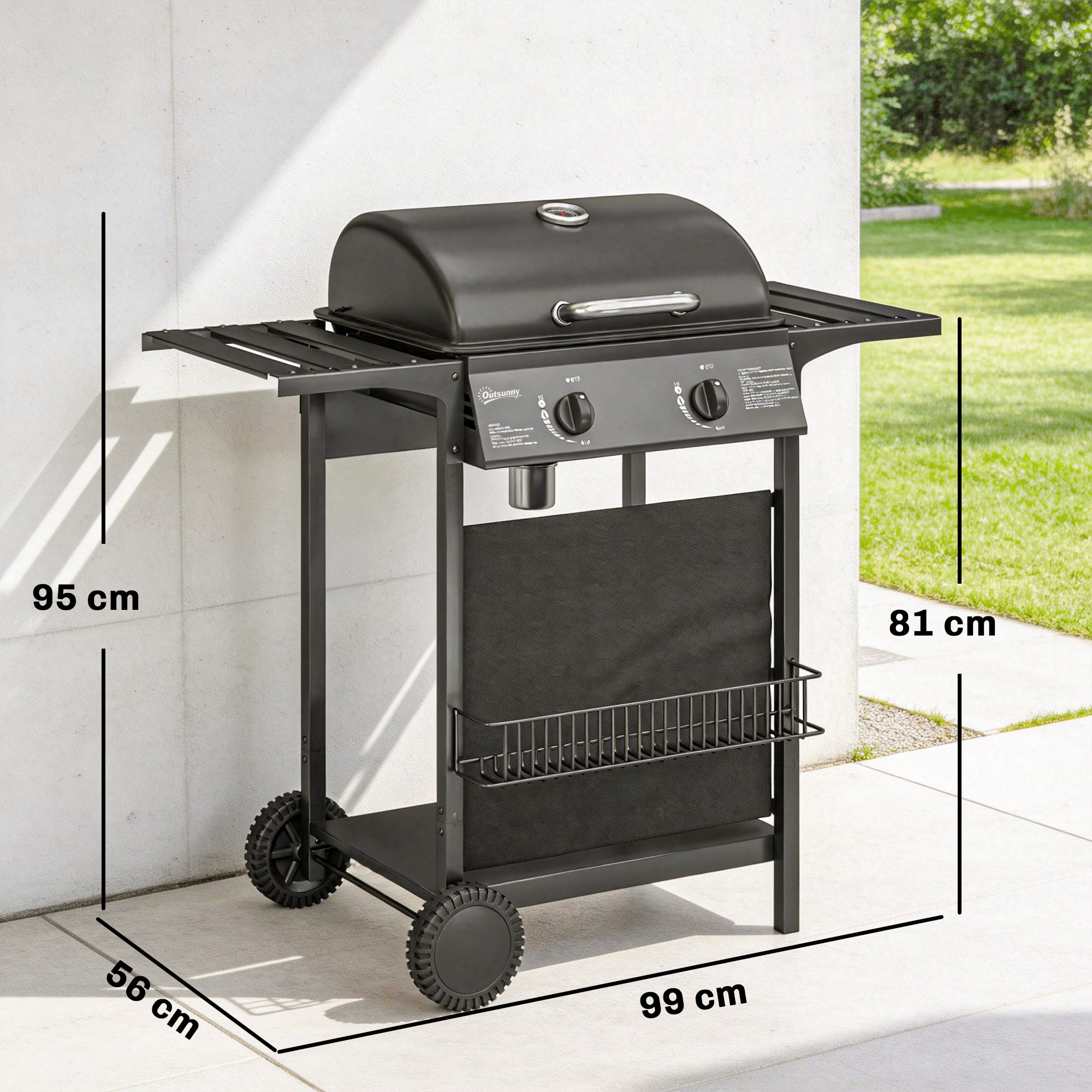 Gasgrill 5kW 2 Brenner BBQ Grillwagen Edelstahl inkl Seitentisch Unterkorb Frontabdeckung Thermometer Emaille-Grillrost