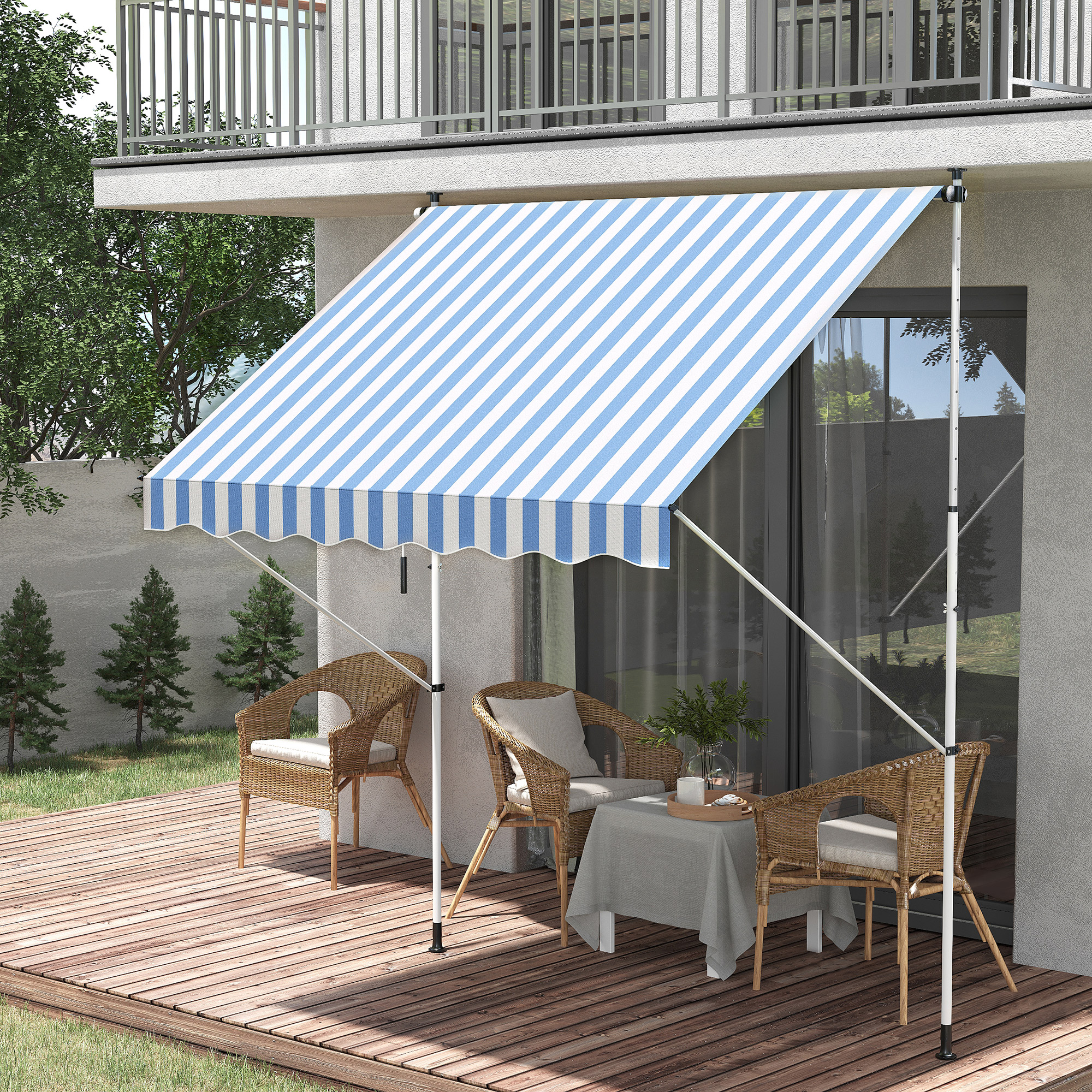 Klemmmarkise mit Handkurbel höhenverstellbar Gelenkarmmarkise schmutzabweisend, witterungsbeständig Balkonmarkise 150cm breit Terrassenmarkise für Terrasse Balkon Veranda Blau+Weiß