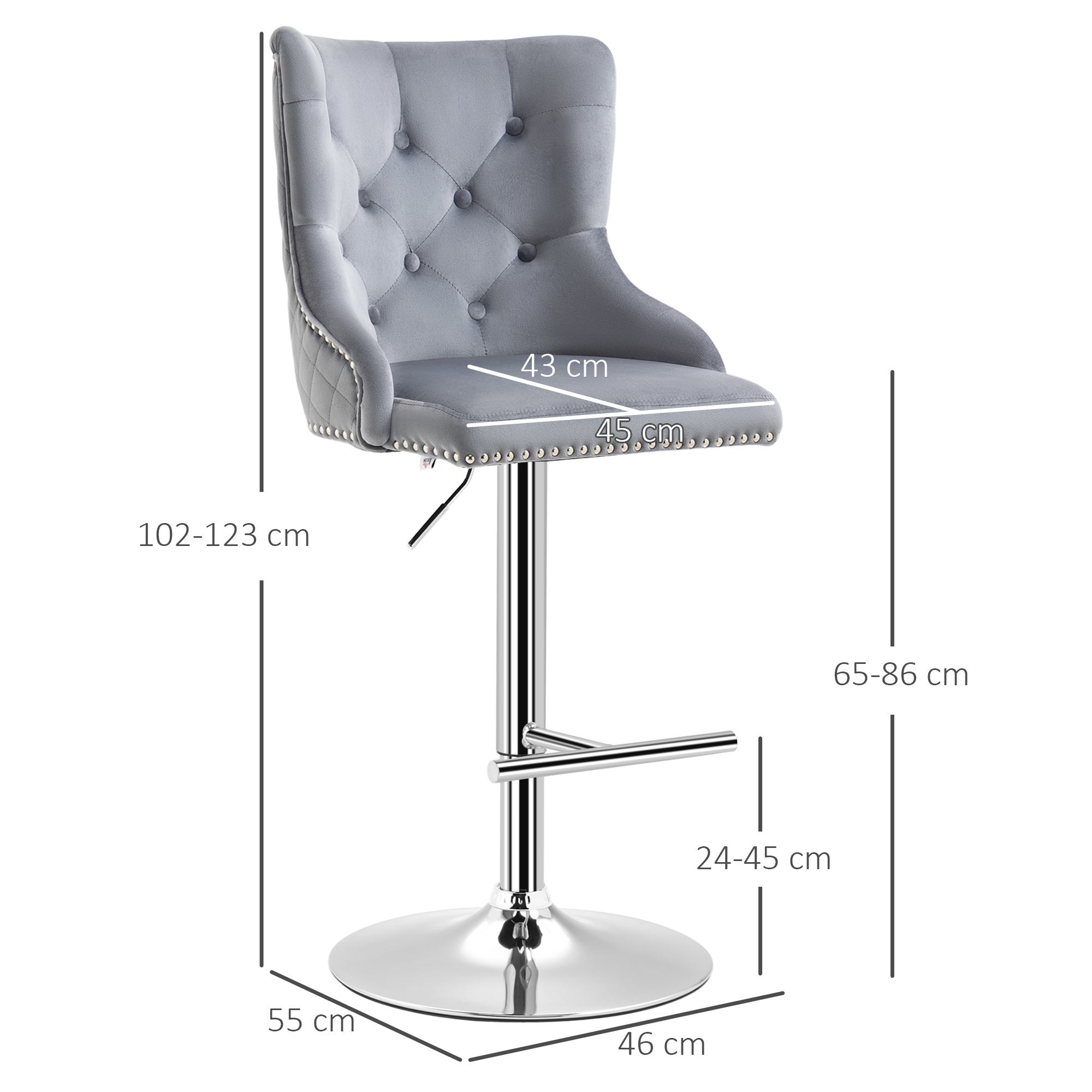 Barhocker, Sitzhocker, 2er-Set, höhenverstellbar, drehbarer Sitz, Fußstütze, Stahl, grau, 49 x 60 x 102-123cm