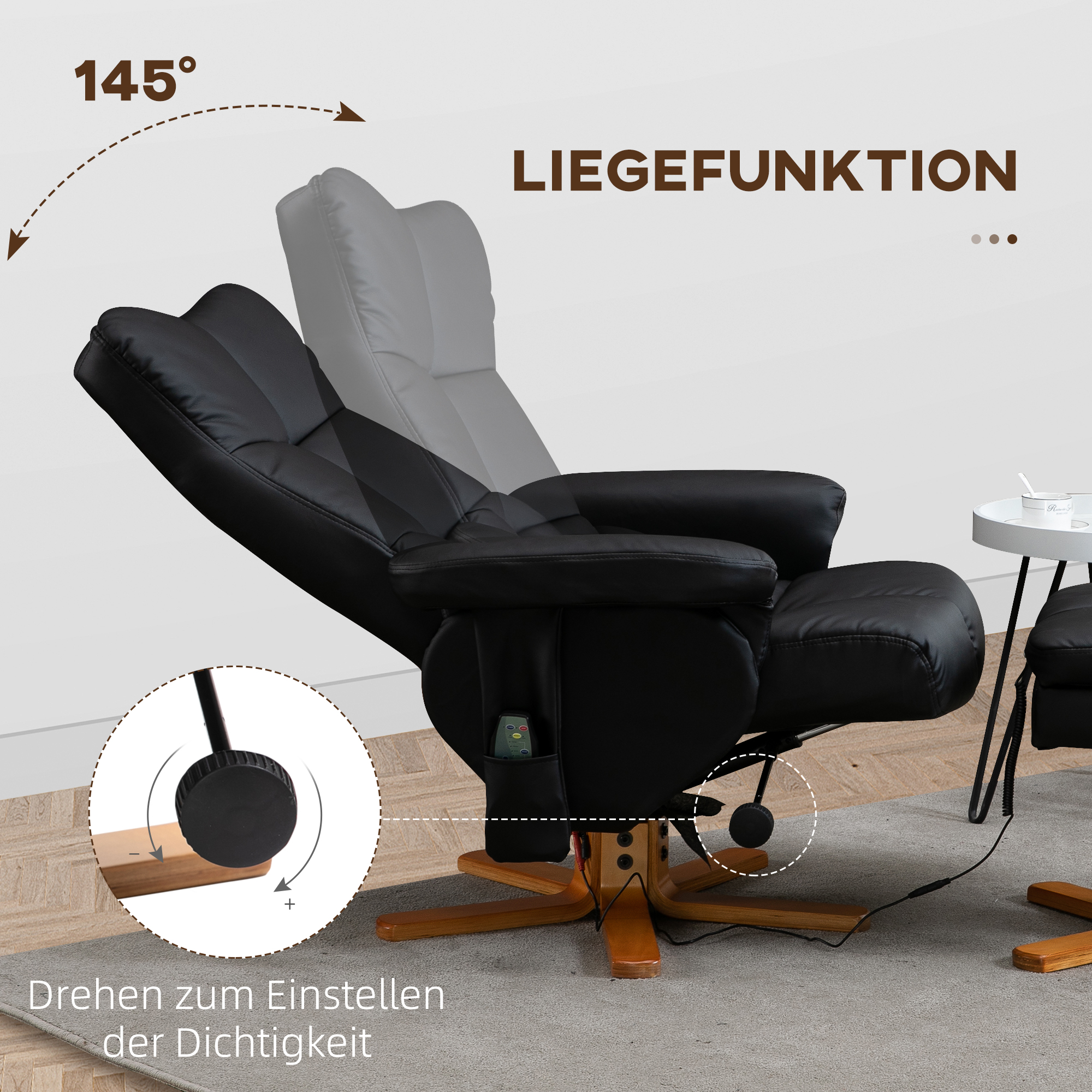 Massagesessel mit Hocker, 145° Neigbarer Relaxsessel mit Massagefunktion Liegefunktion Stauraum, TV-Sessel Fernsehsessel für Wohnzimmer, Kunstleder, 80 x 86 x 99 cm Schwarz