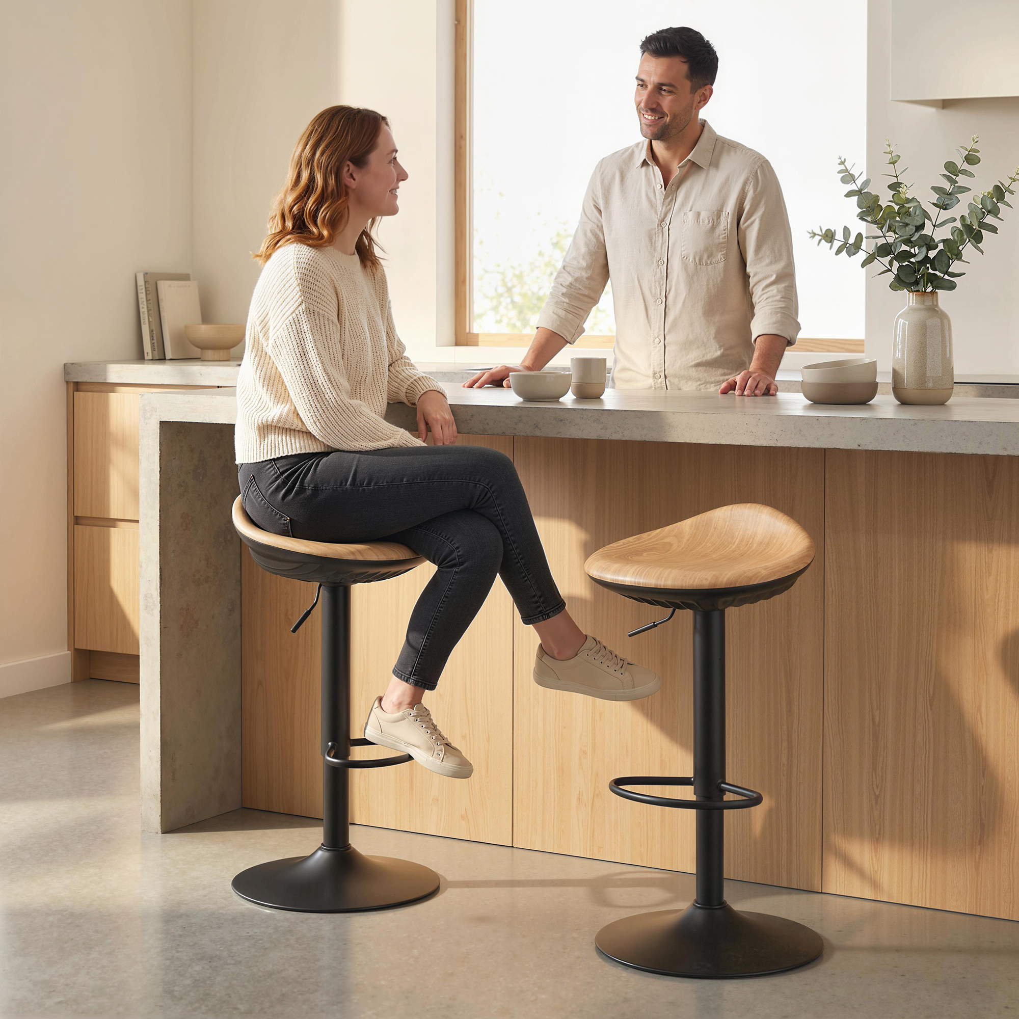 Barhocker 2er Set Drehbar Barstuhl mit Fußstütze Höhenverstellbar Tresenhocker mit Holzoptik, für Küche, Eiche