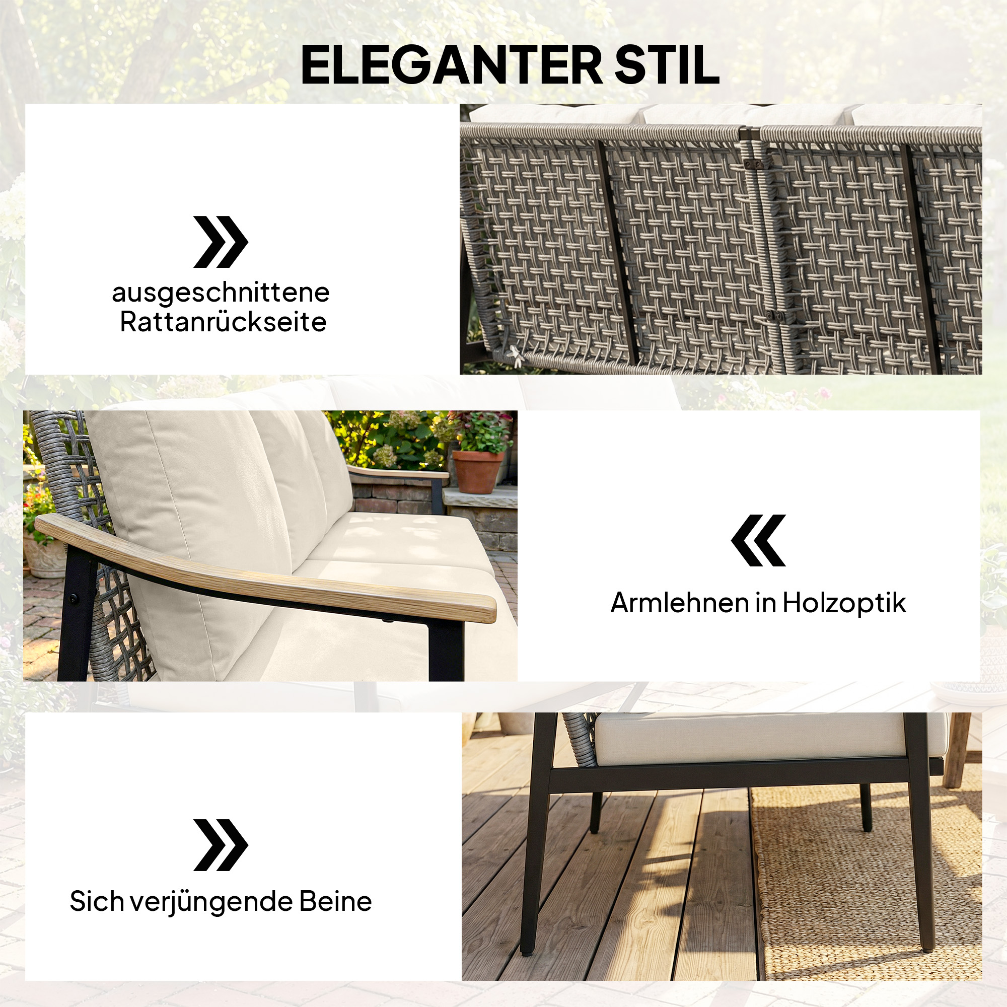 Gartensofa 3-Sitzer Rattan Loungesofa mit abnehmbar Kissen Holzoptik-Armlehnen Stahlrahmen Khaki